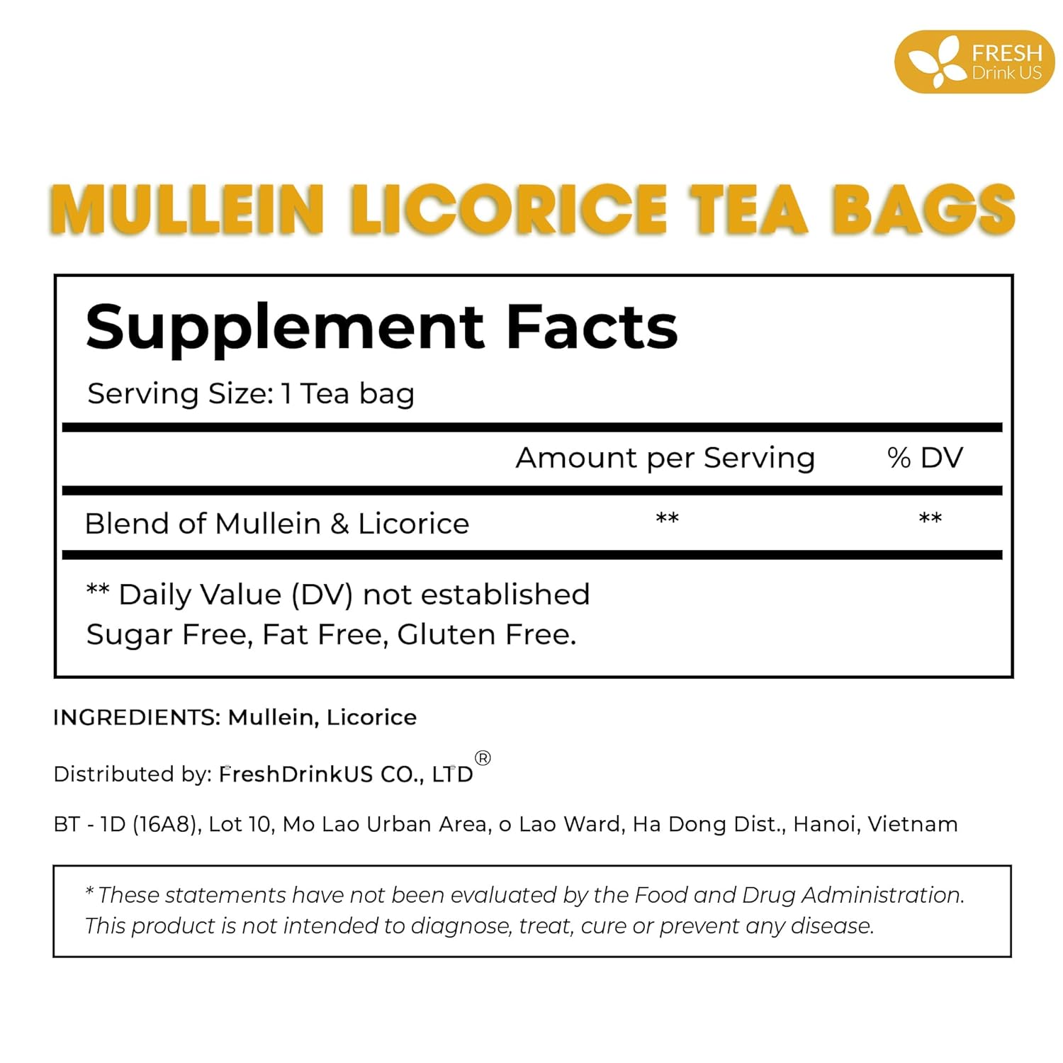 Premium Mullein Licorice Tea Bags. 100% Natural, Blend of Mullein Leaves, and Licorice Root. by FreshDrinkUS - Natural and Premium Herbal Tea