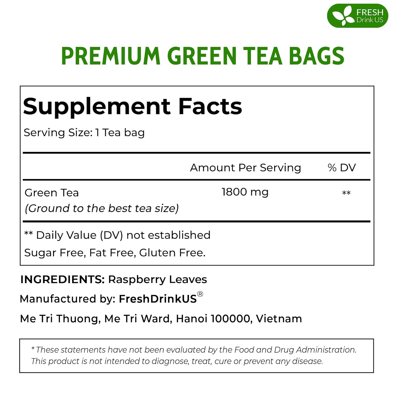 Premium Green Tea Bags, 100% Natural & Pure from Green Tea. Green Herbal Tea. No Sugar, No Gluten, Vegan by FreshDrinkUS - Natural and Premium Herbal Tea