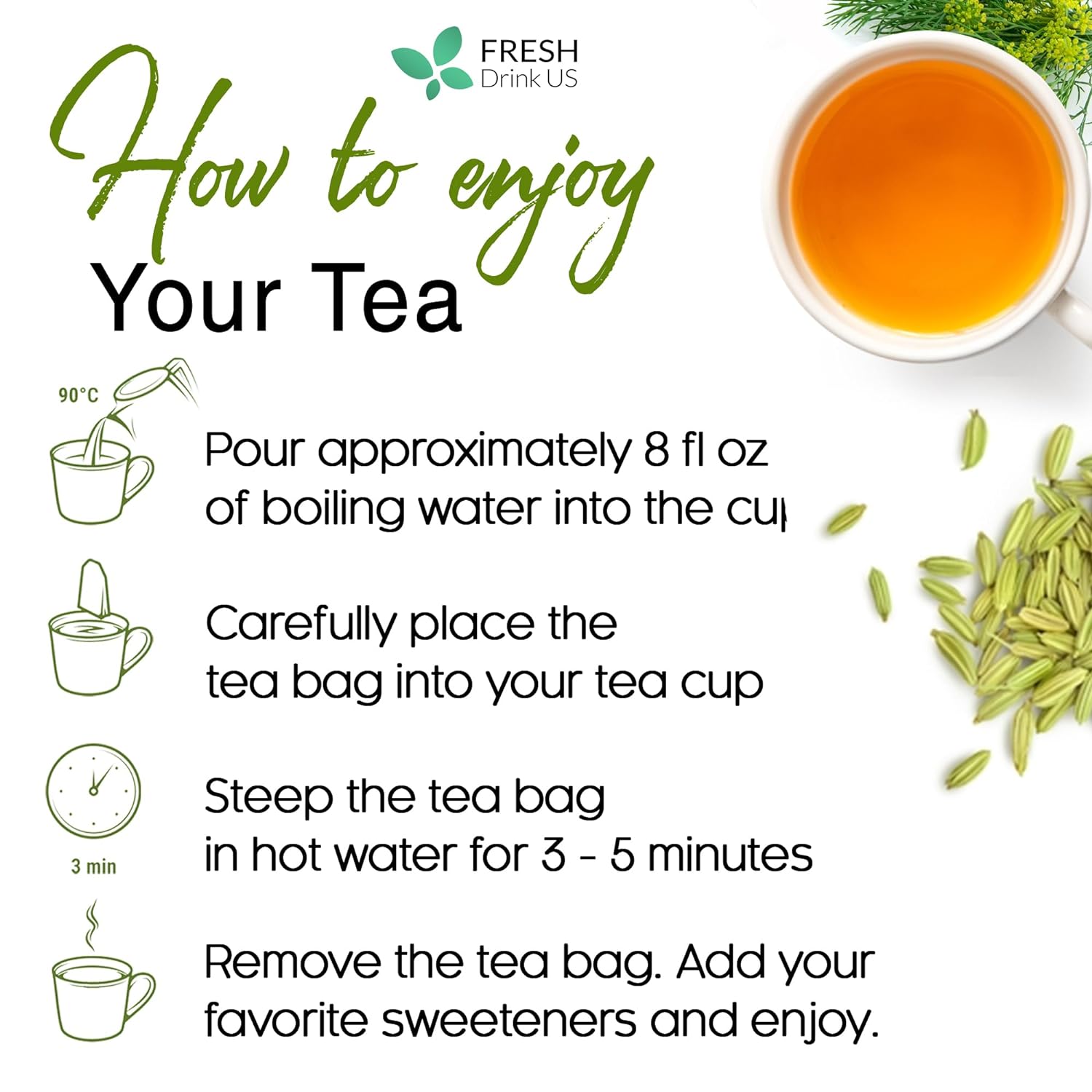 Premium Fennel Tea Bags, 100% Natural & Pure from Fennel Seeds. Fennel Seed Herbal Tea. Fennel Seed Tea. Made with Natural Material Tea Bags. No Sugar, No Caffeine, No Gluten, Vegan. by FreshDrinkUS - Natural and Premium Herbal Tea