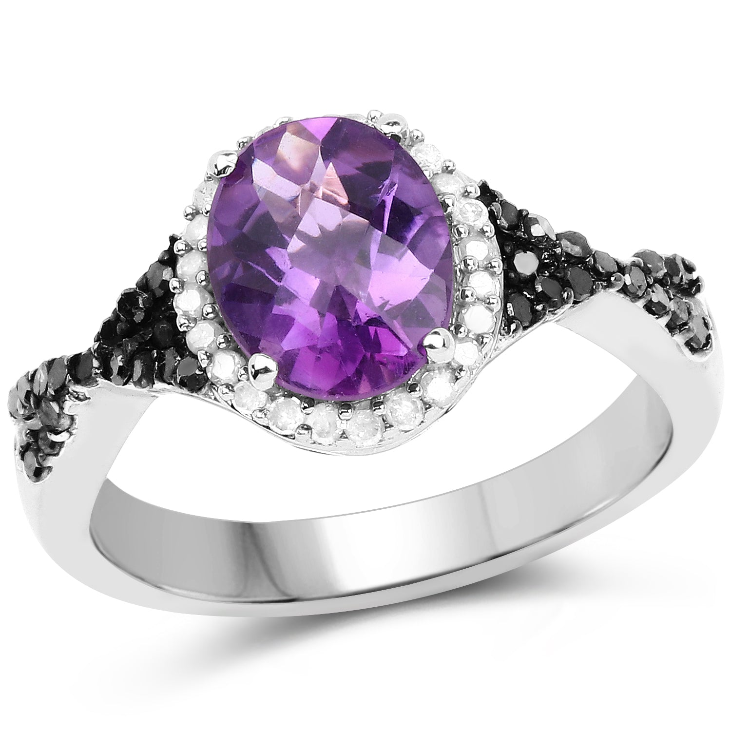 1.64 Carat Genuine Amethyst, Black Diamond & White Diamond .925 Sterling Silver Ring by Bids.com