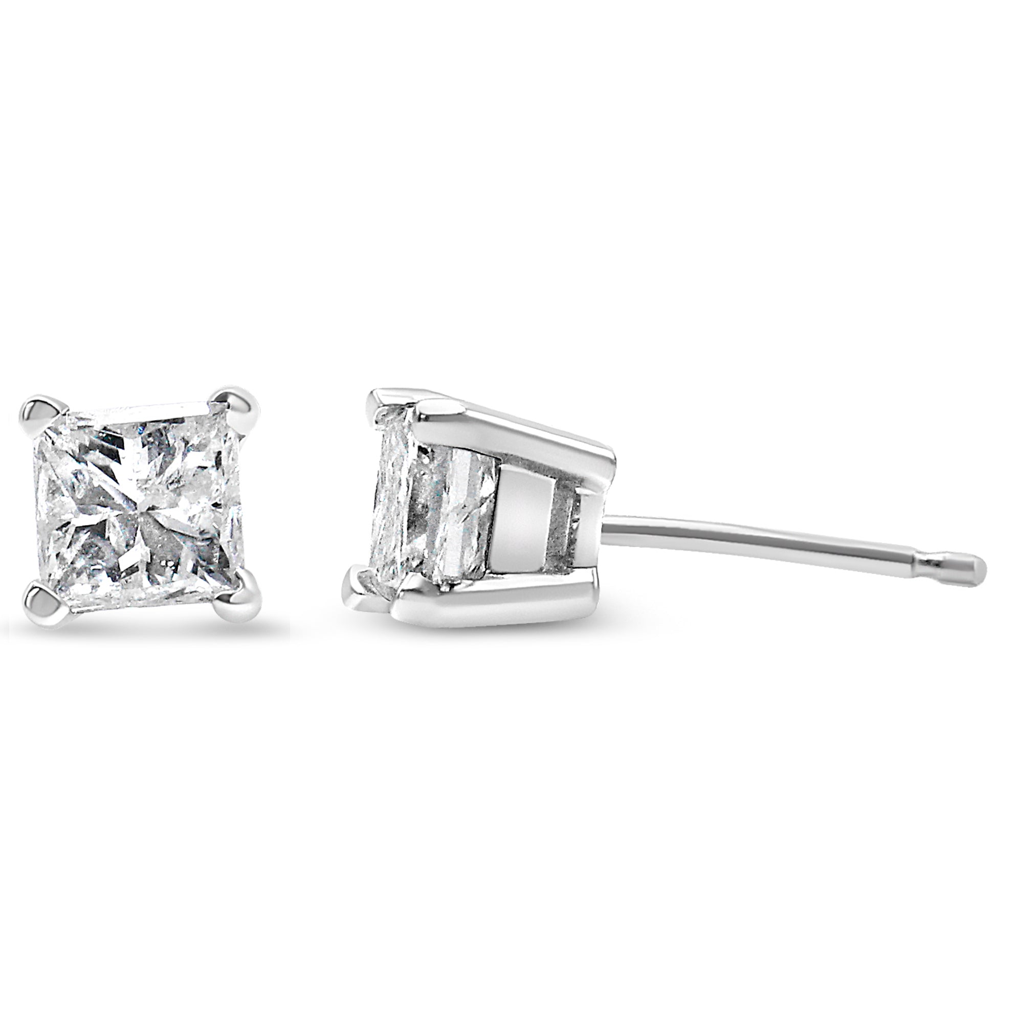 AGS Certified 2/5 Cttw Princess Cut Diamond 14K White Gold 4-Prong Solitaire Square Stud Earrings (L-M Color, I1-I2 Clarity) DestGlow