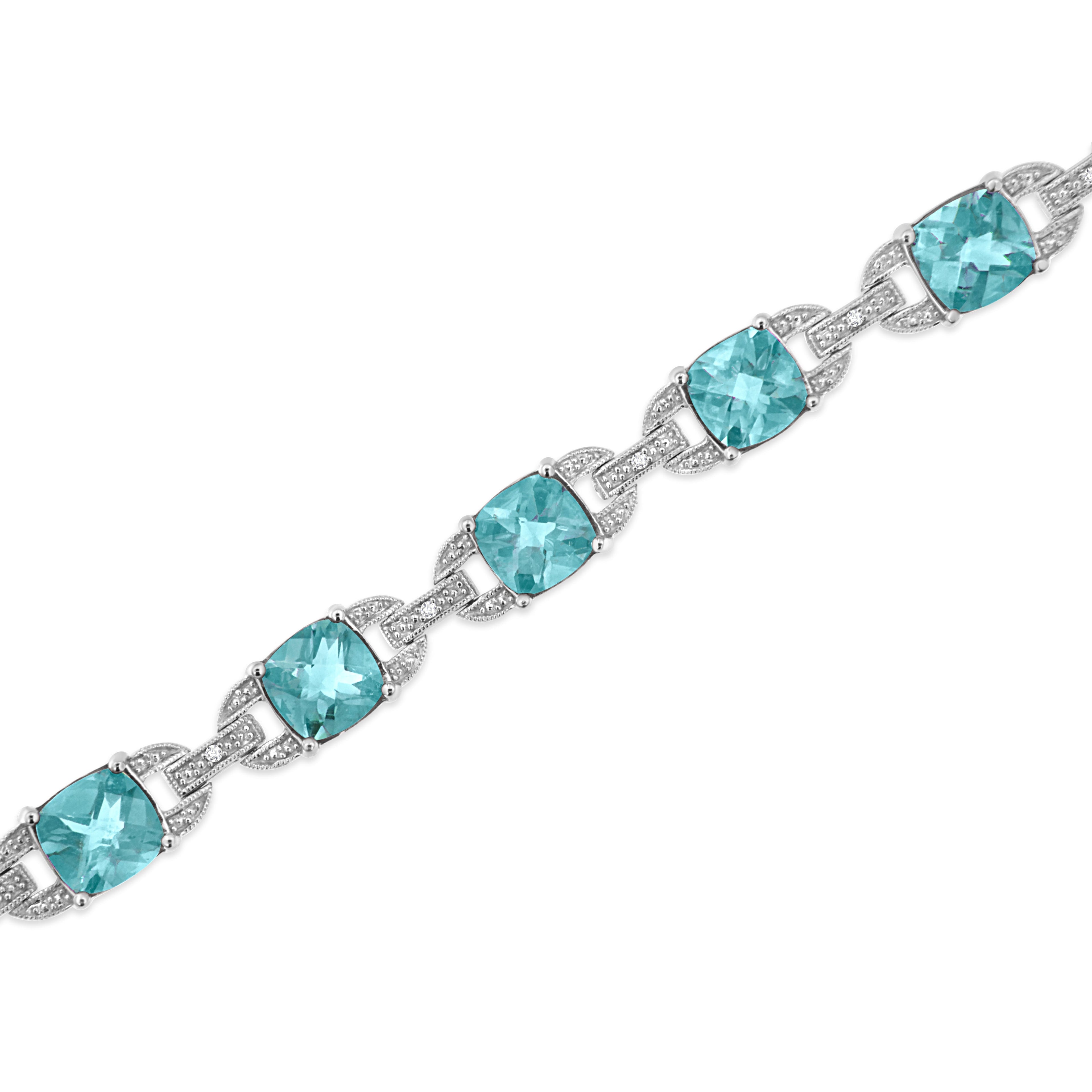 .925 Sterling Silver 7x7 mm Cushion Cut Blue Topaz and 1/20 cttw Round Cut Diamond Fashion Tennis Bracelet (I-J Color, I1-I2 Clarity) - 7" DestGlow