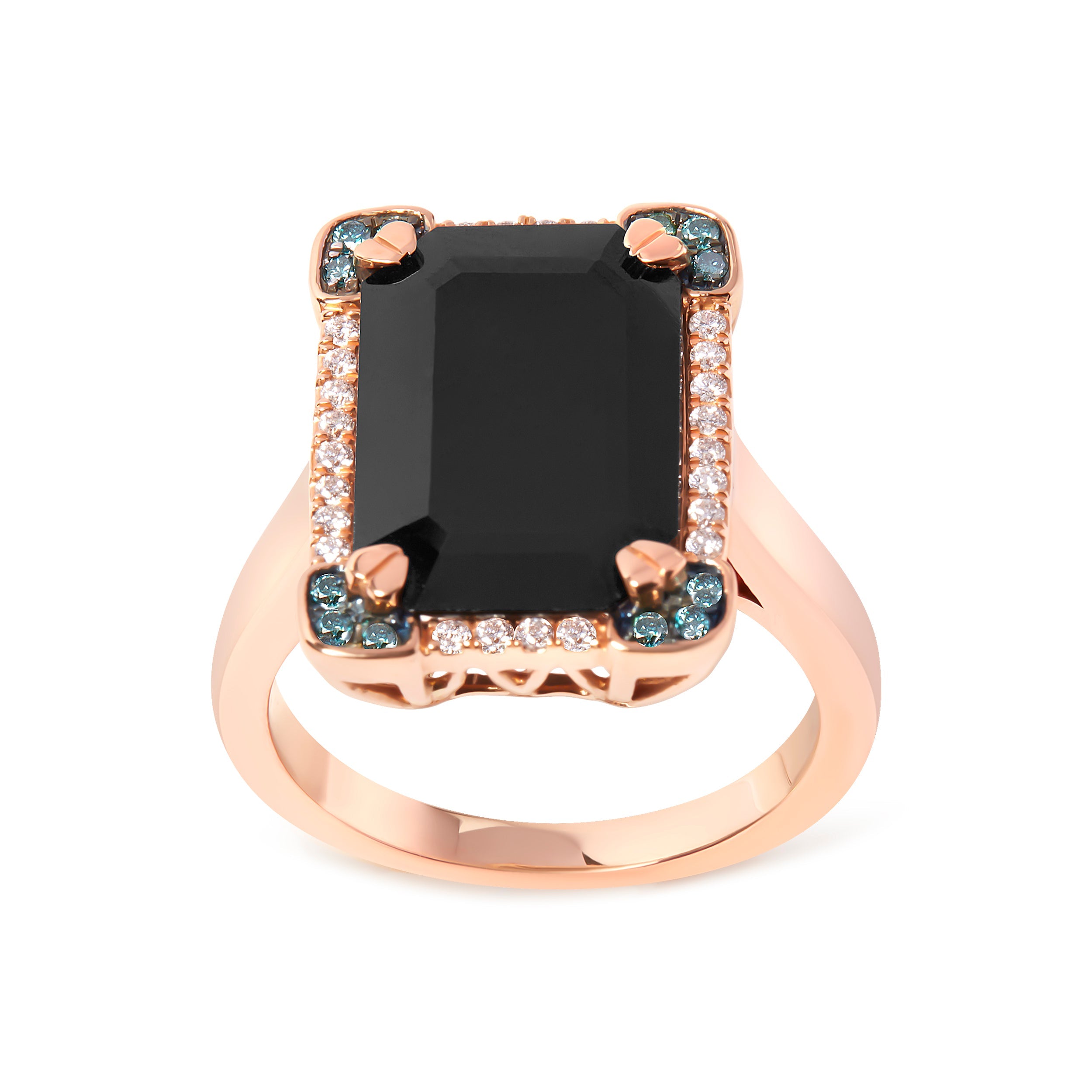 14K Rose Gold 15x10 MM Emerald-Cut Black Onyx and 1/5 Cttw Blue and White Diamond Halo Cocktail Ring (G-H Color, SI1-SI2 Clarity)- Size 7 by Bids.com
