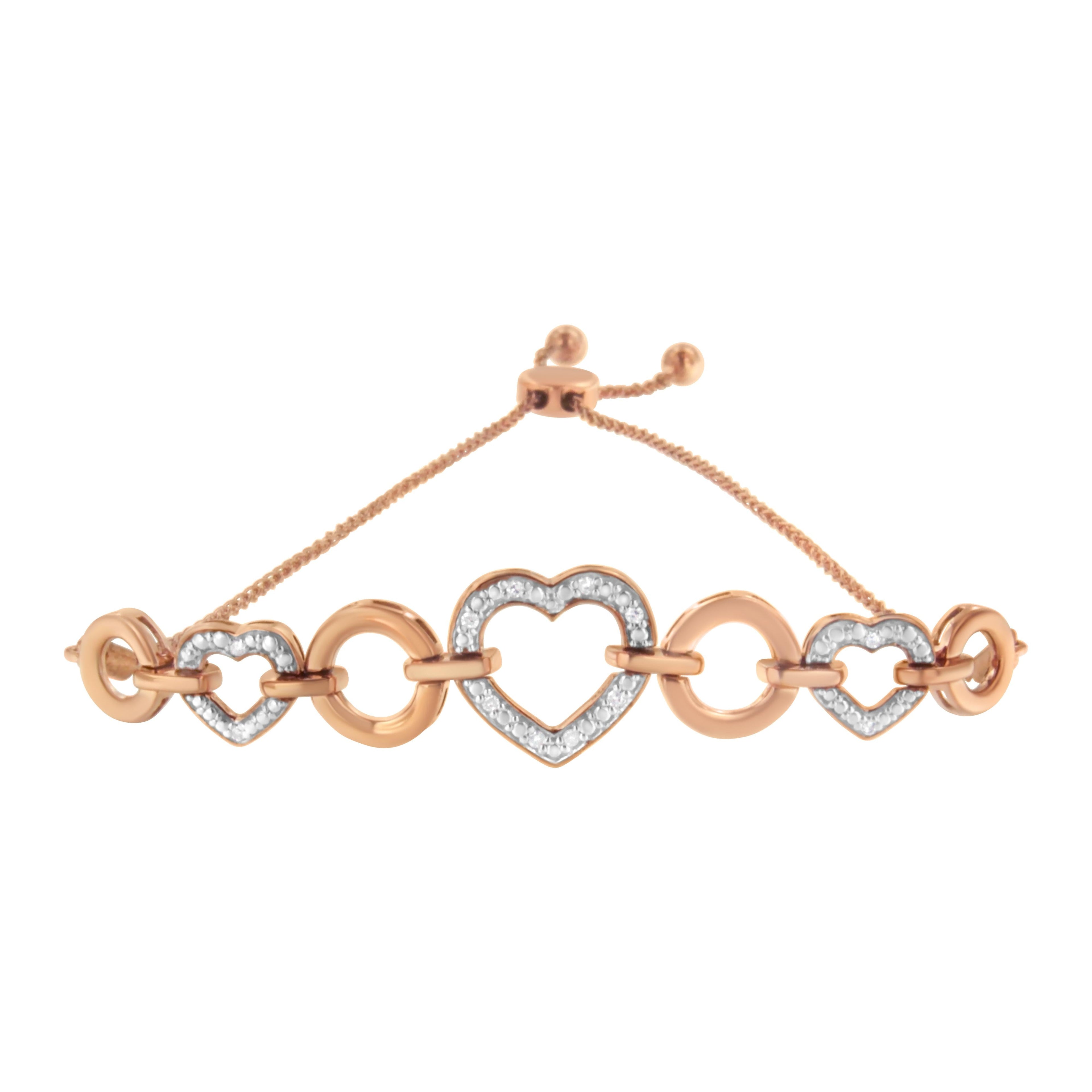 14K Rose Gold Plated .925 Sterling Silver Diamond Accent Circle and Heart Link Adjustable 6â€-10†Bolo Bracelet