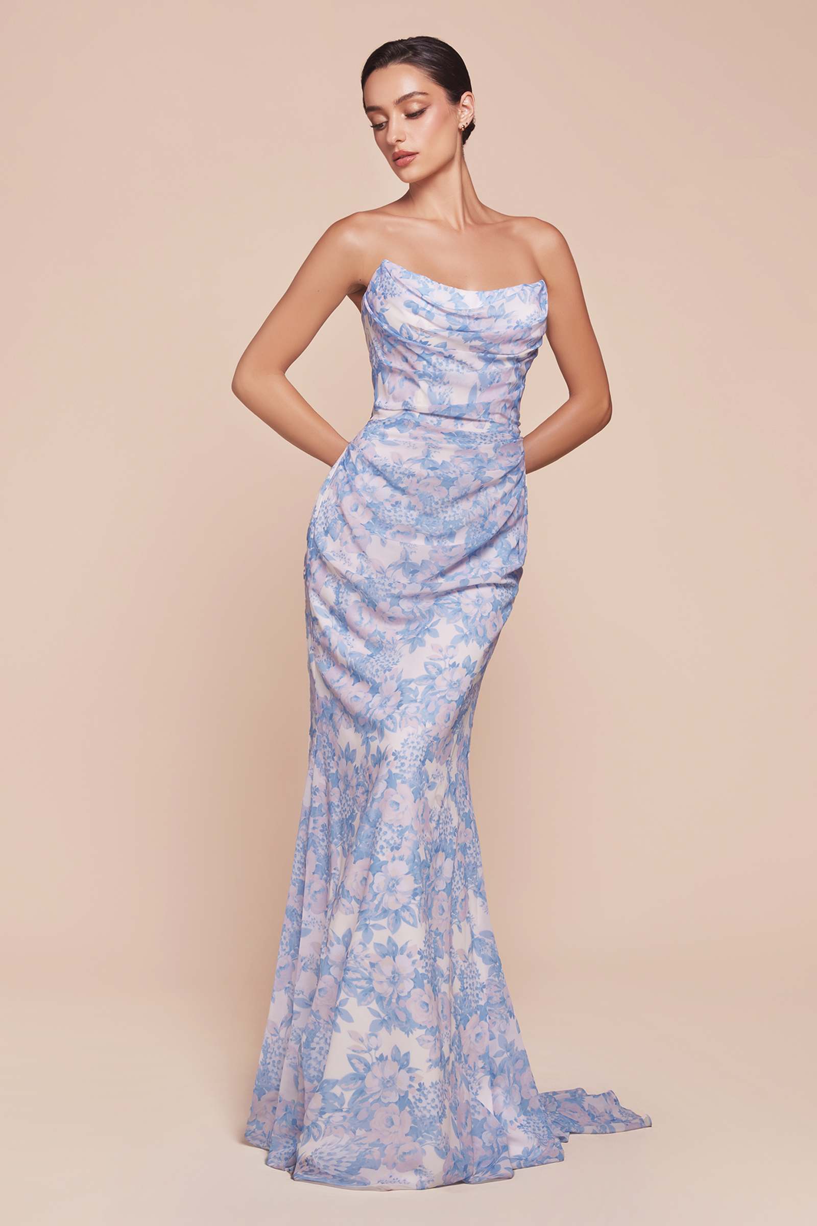 Ladivine 7445 Dress Strapless Floral Printed Fitted Soft Satin Dress by DiscountDressShop