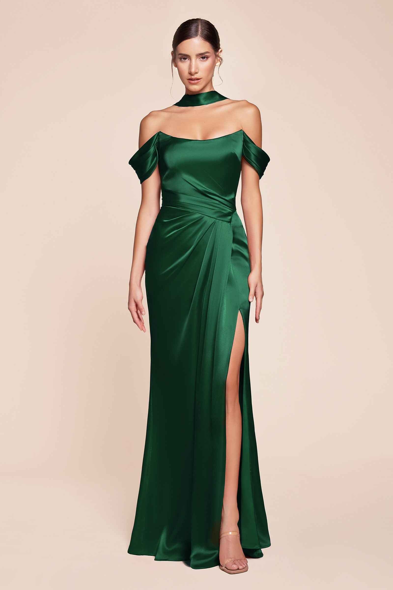 CLEARANCE - Ladivine 7452 Dress Off the Shoulder Sage Green Satin Gown (Size 10) by DiscountDressShop