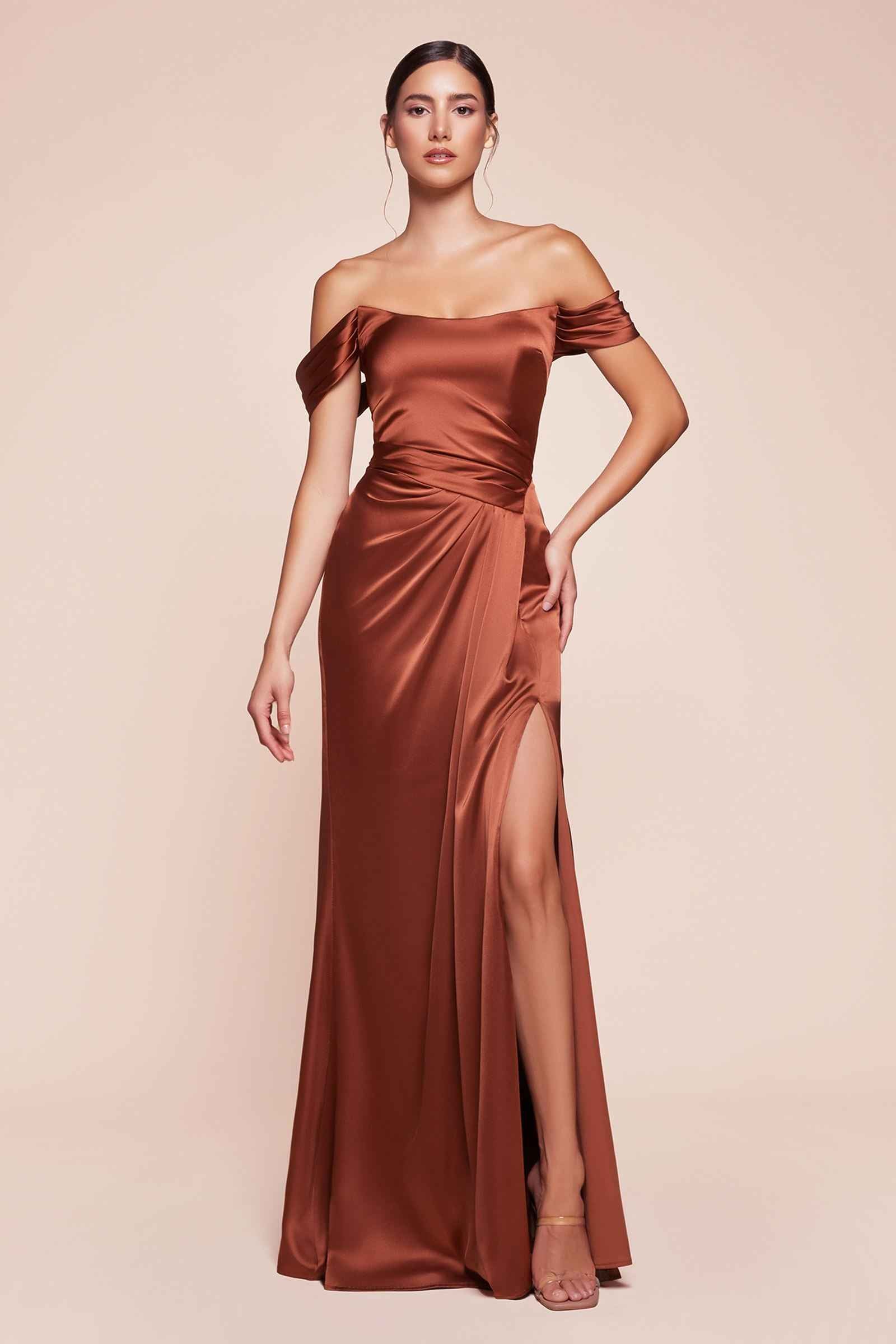CLEARANCE - Ladivine 7452 Dress Off the Shoulder Sage Green Satin Gown (Size 10) by DiscountDressShop