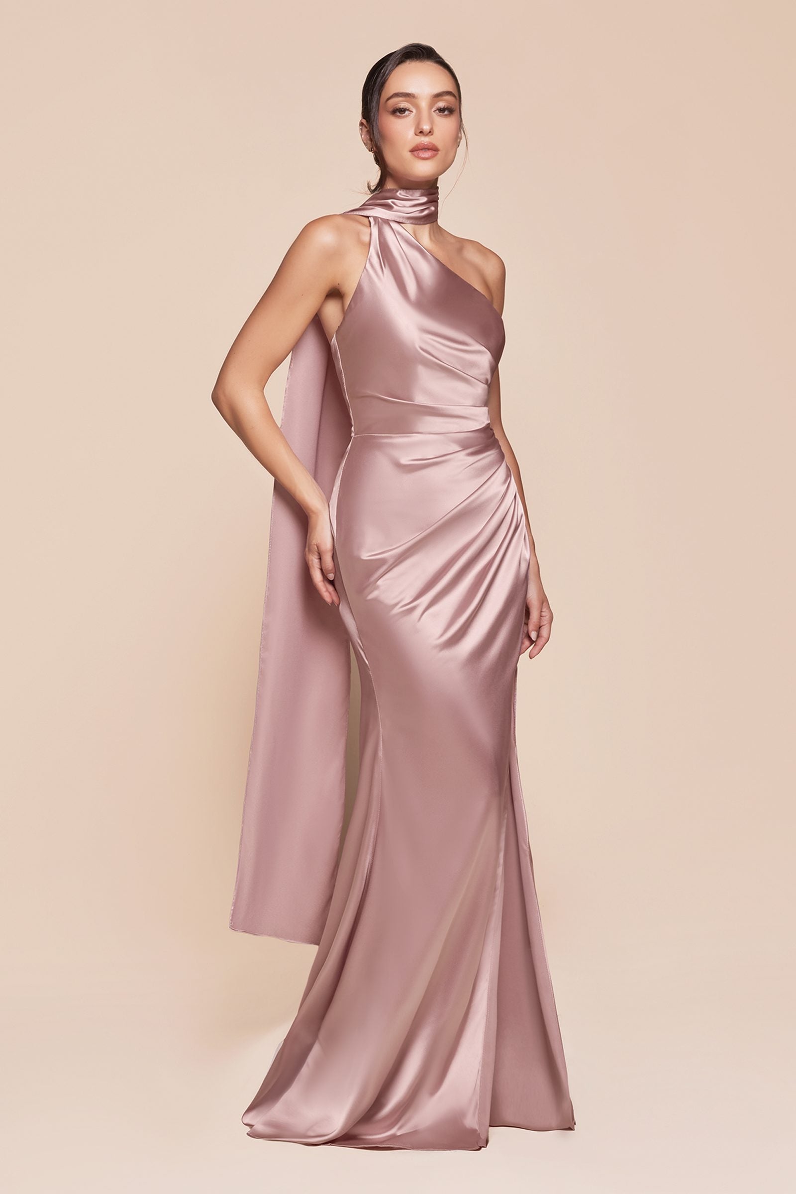 Ladivine 7454 Dress One Shoulder Luxe Satin Fitted Gown by DiscountDressShop
