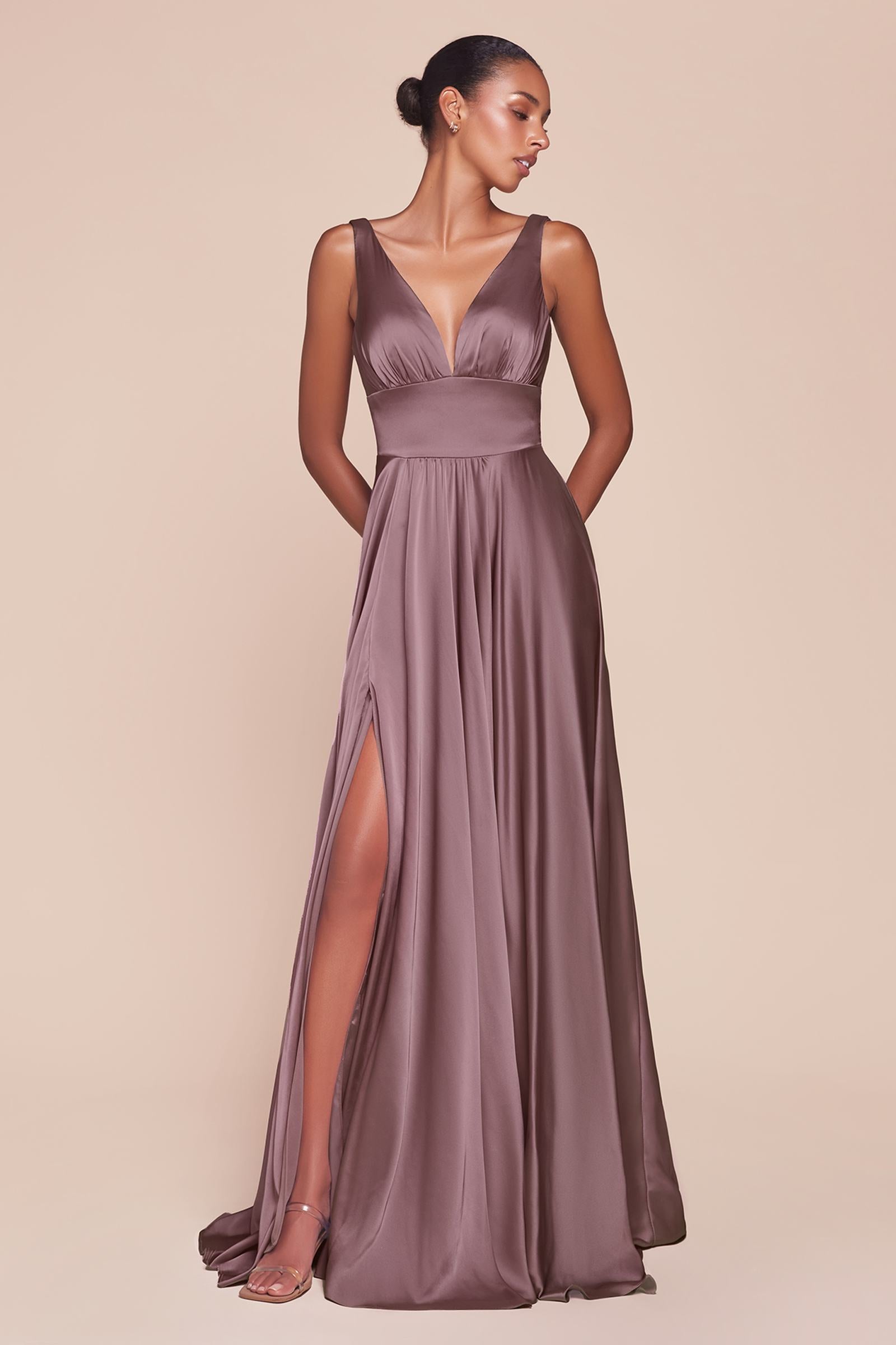Ladivine 7469 Long Formal Evening Satin Dress with Slit by DiscountDressShop