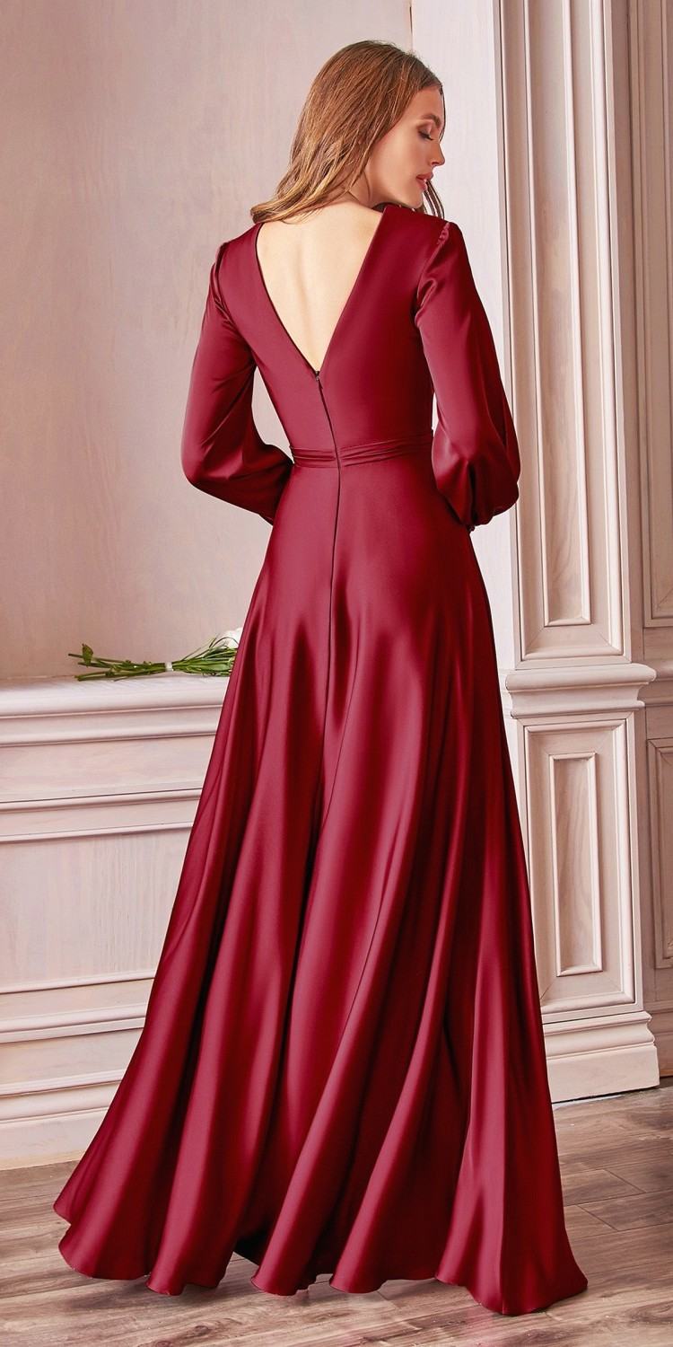 Ladivine 7475 Long Split Blouson Sleeve Formal Dress Thigh Split by DiscountDressShop