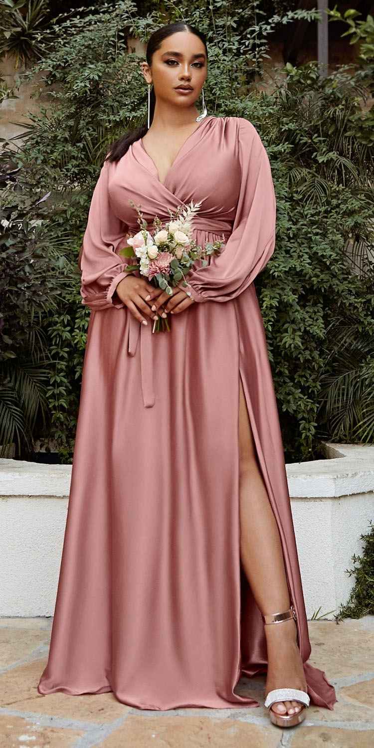 Ladivine 7475C Long Split Blouson Sleeve Formal Dress Thigh Split by DiscountDressShop
