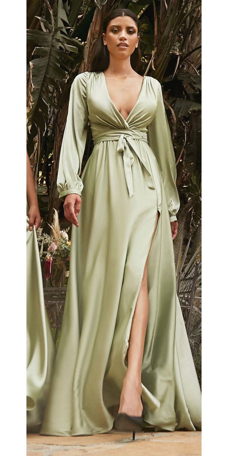 Ladivine 7475 Long Split Blouson Sleeve Formal Dress Thigh Split by DiscountDressShop