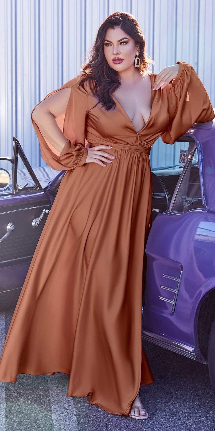Ladivine 7475C Long Split Blouson Sleeve Formal Dress Thigh Split by DiscountDressShop