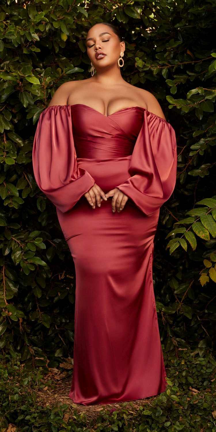 Cinderella Divine 7482C Long Sleeve Off the Shoulder Soft Satin Fitted Dress by DiscountDressShop
