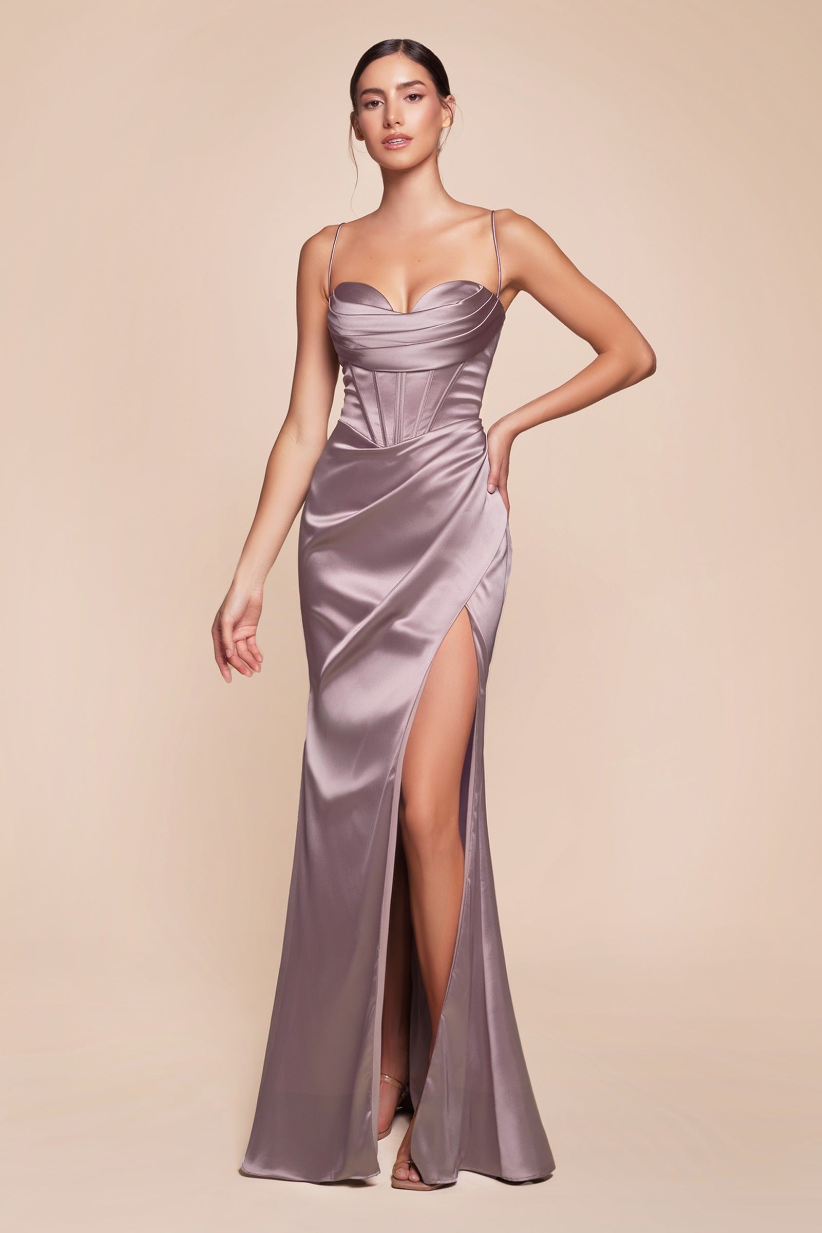 Cinderella Divine 7483 Long Corset Cowl Neckline Formal Satin Gown by DiscountDressShop
