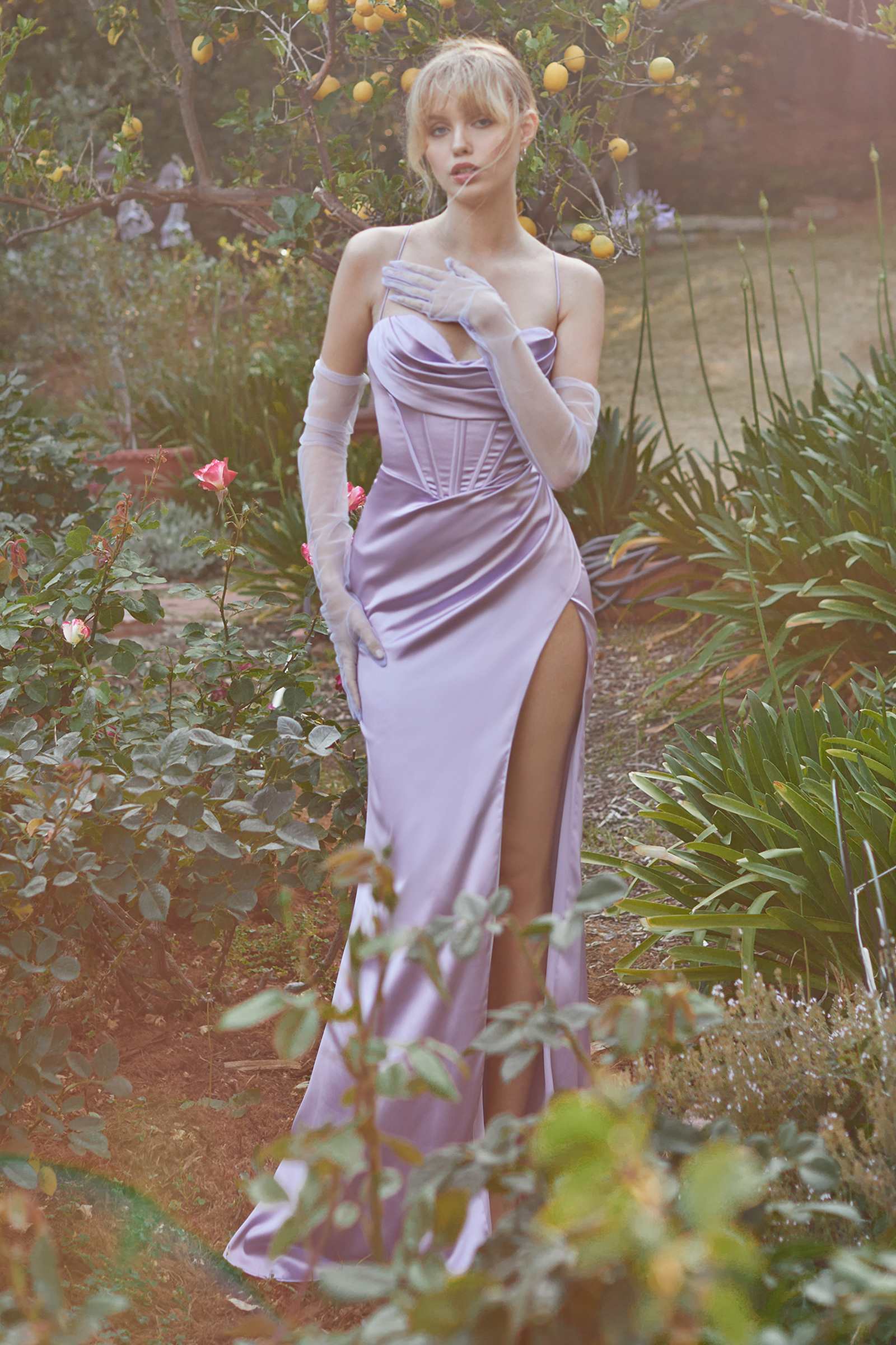 Cinderella Divine 7483 Long Corset Cowl Neckline Formal Satin Gown by DiscountDressShop