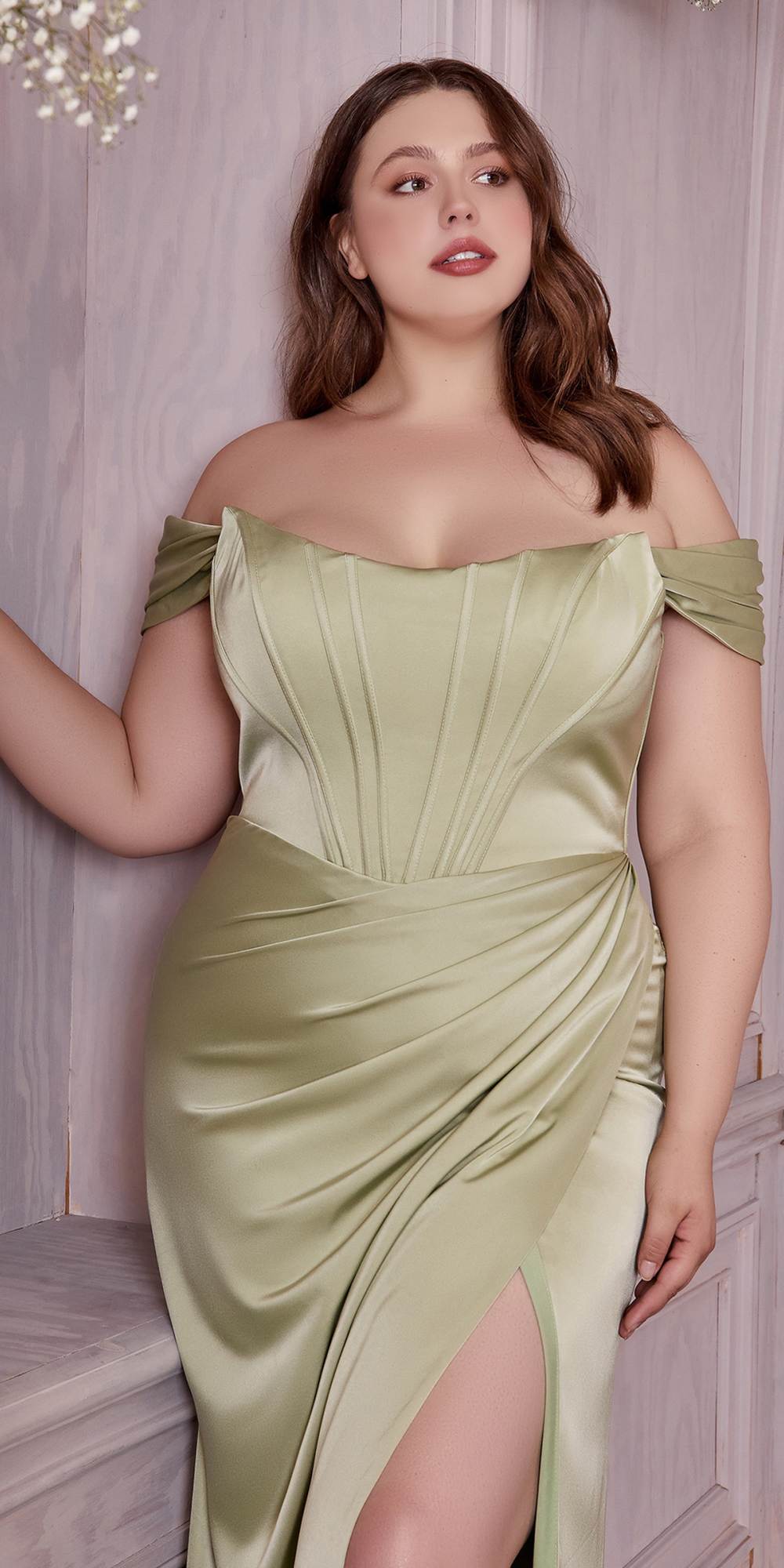 Cinderella Divine 7484C Plus Size Off the Shoulder Corset Satin Formal Gown by DiscountDressShop