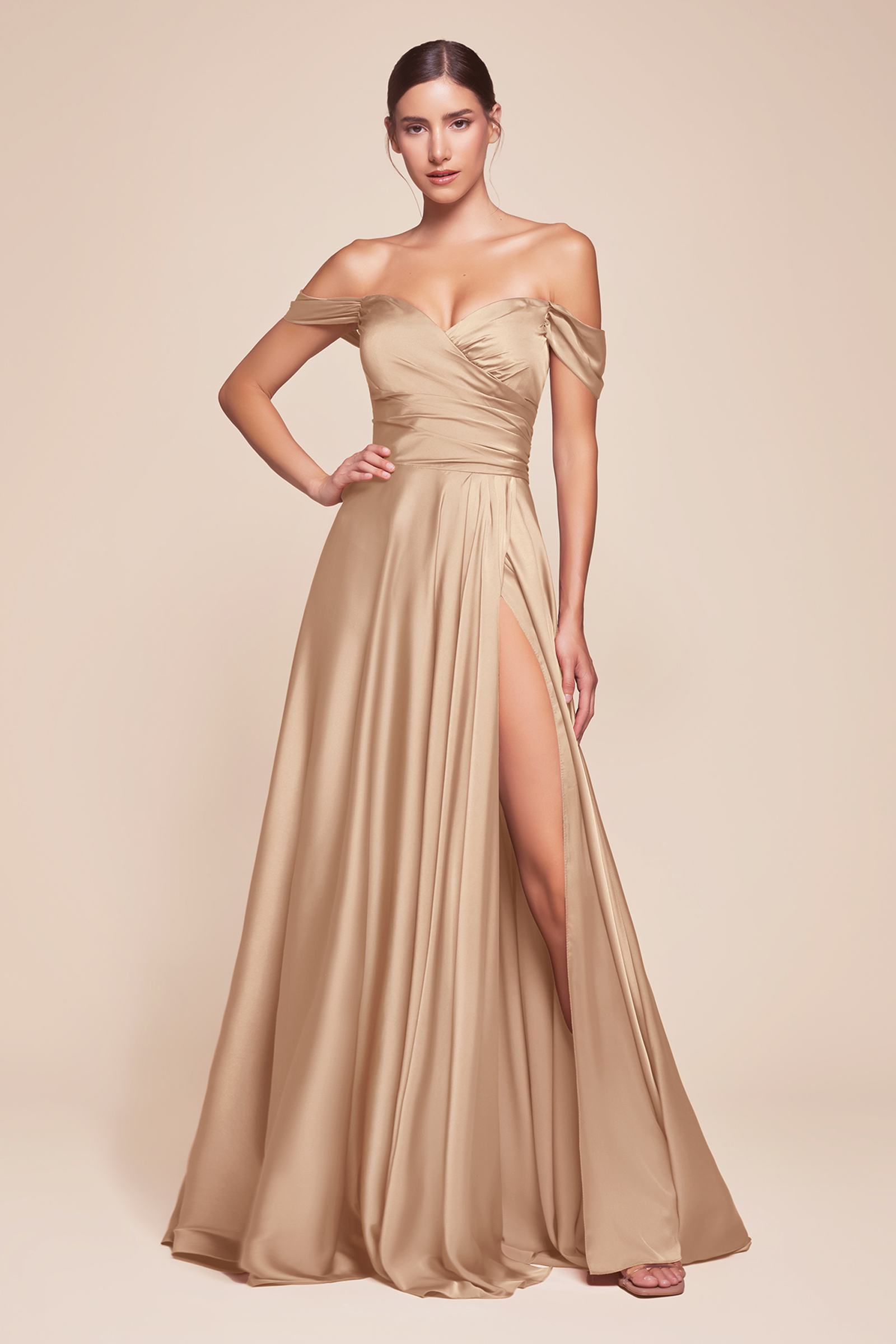 Cinderella Divine 7493C Long Plus Size A-Line Off the Shoulder Satin Dress DestGlow
