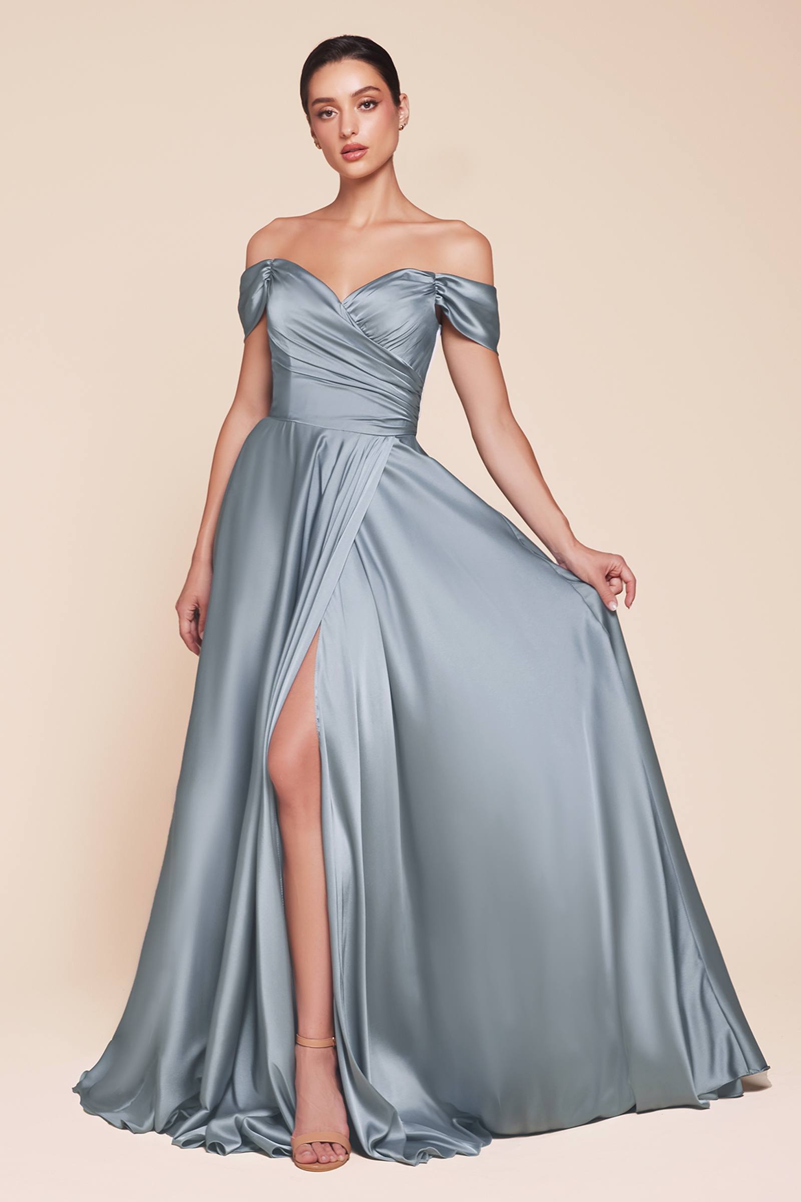 Cinderella Divine 7493C Long Plus Size A-Line Off the Shoulder Satin Dress DestGlow