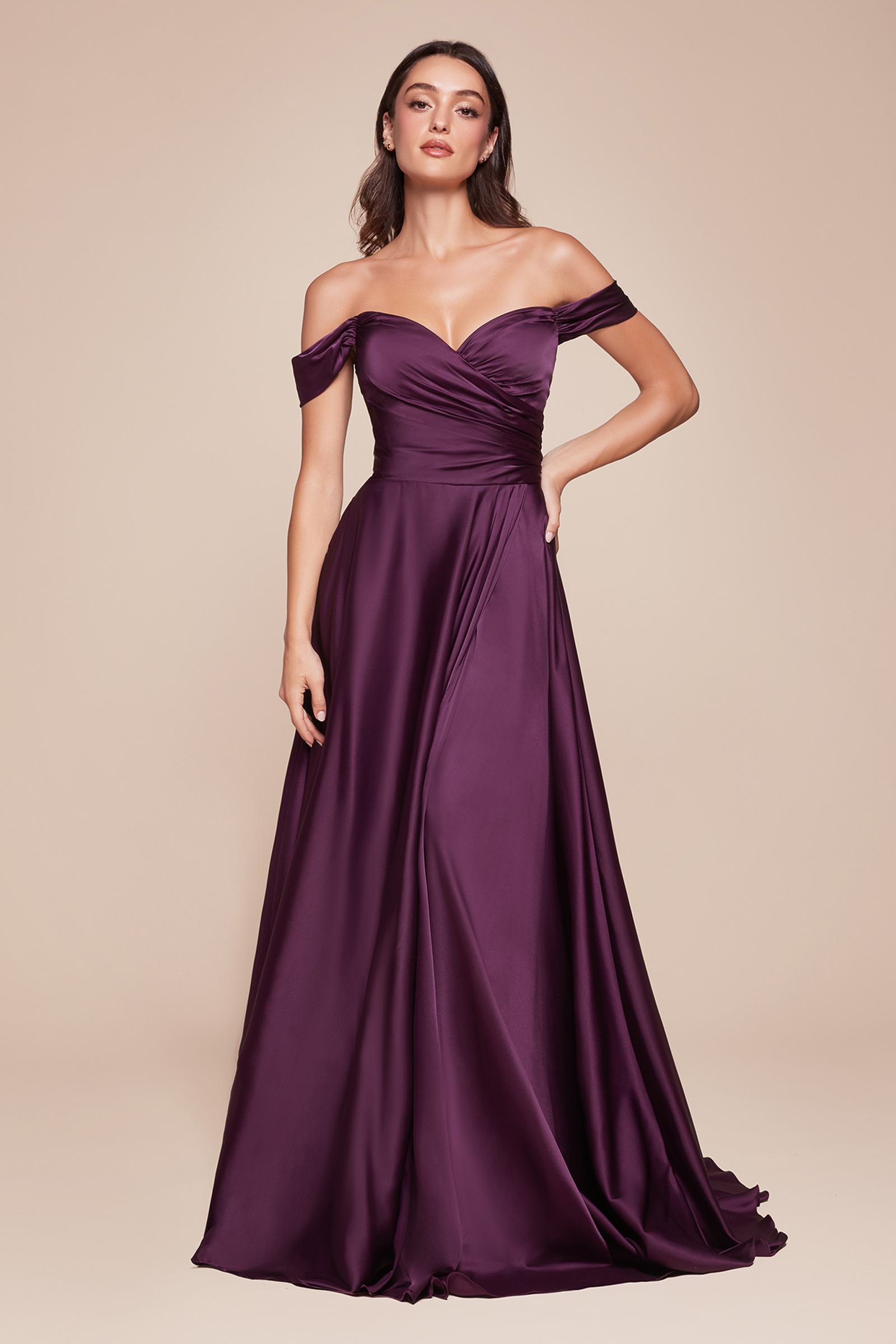 Cinderella Divine 7493C Long Plus Size A-Line Off the Shoulder Satin Dress DestGlow