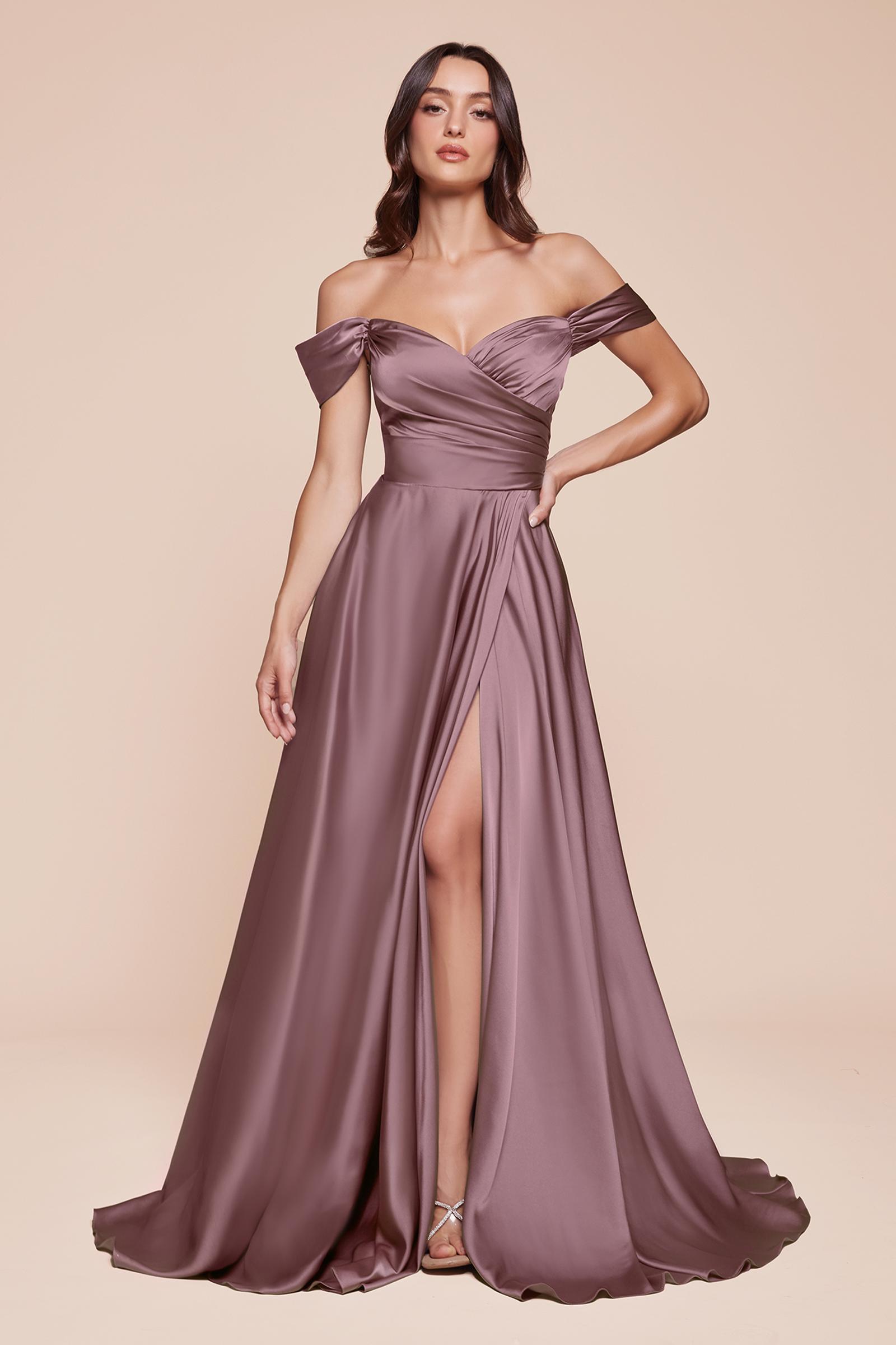 Cinderella Divine 7493C Long Plus Size A-Line Off the Shoulder Satin Dress DestGlow