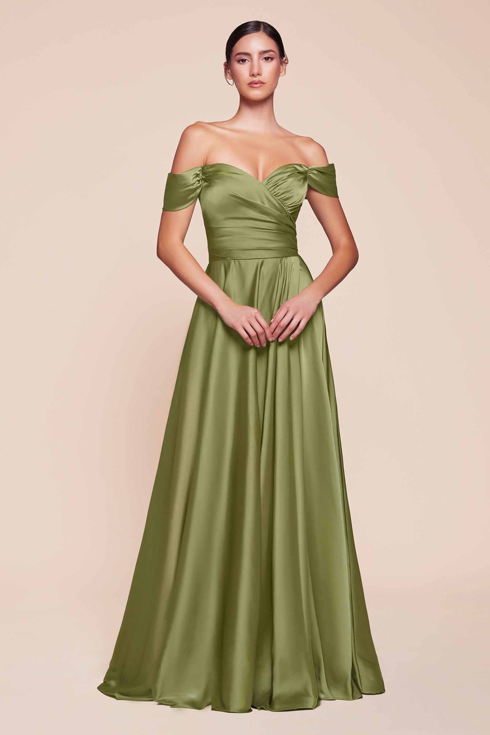 Cinderella Divine 7493C Long Plus Size A-Line Off the Shoulder Satin Dress DestGlow