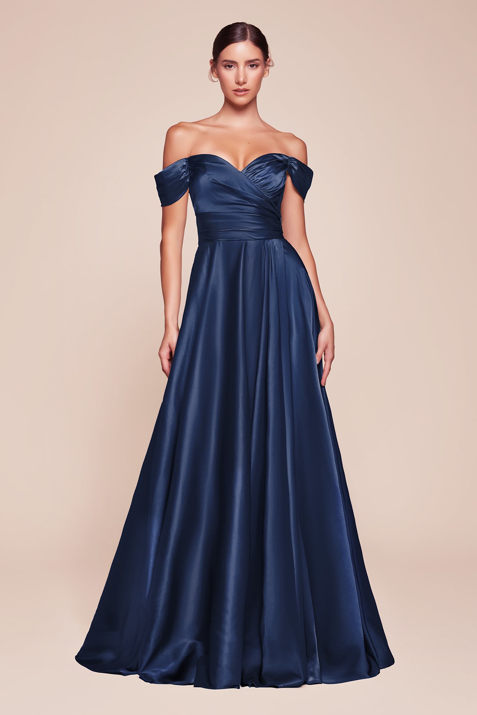 Cinderella Divine 7493C Long Plus Size A-Line Off the Shoulder Satin Dress DestGlow