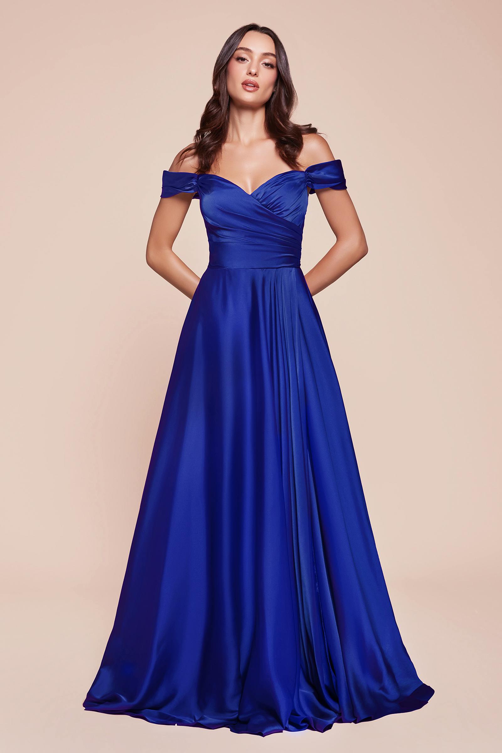 Cinderella Divine 7493C Long Plus Size A-Line Off the Shoulder Satin Dress DestGlow