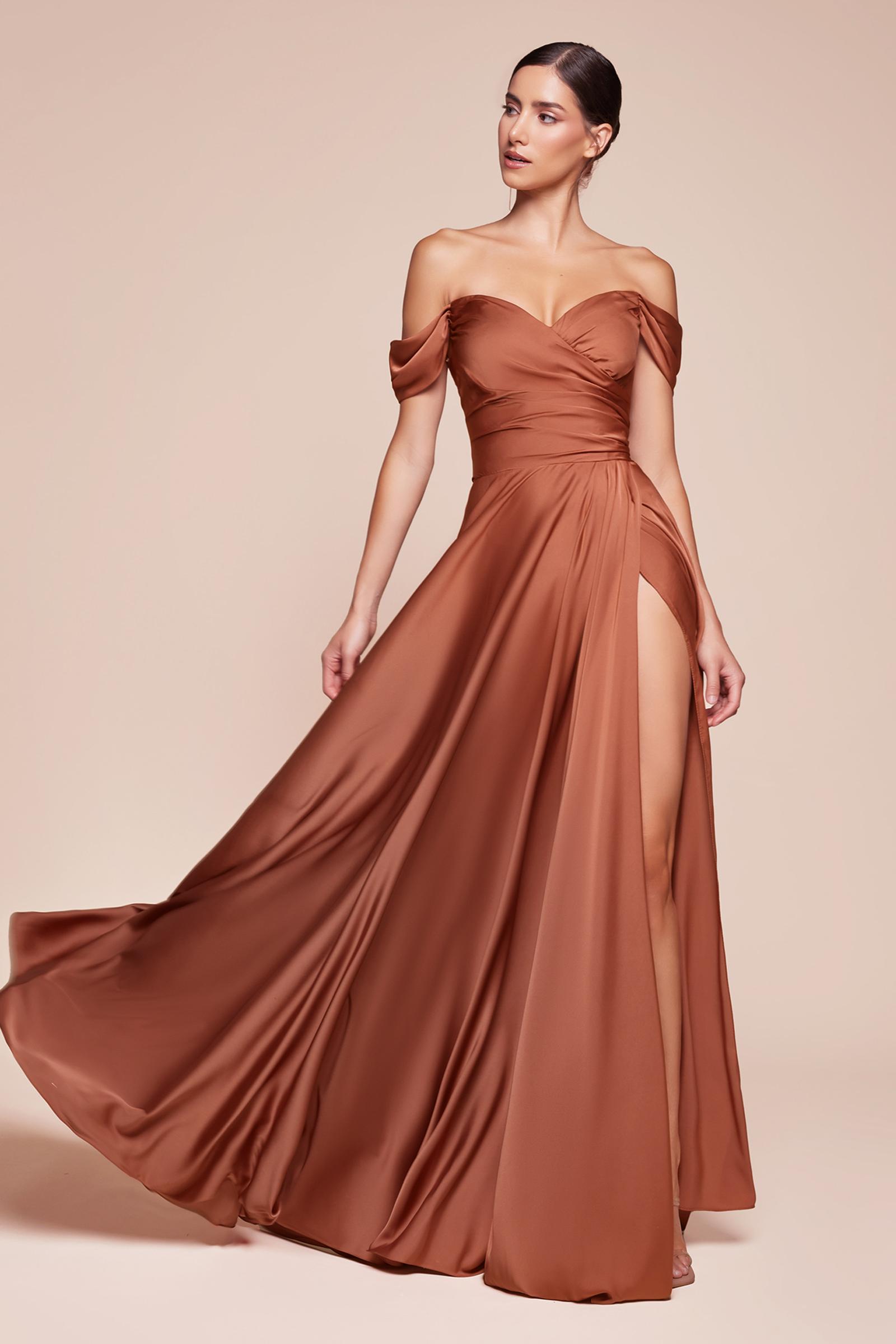 Cinderella Divine 7493C Long Plus Size A-Line Off the Shoulder Satin Dress DestGlow