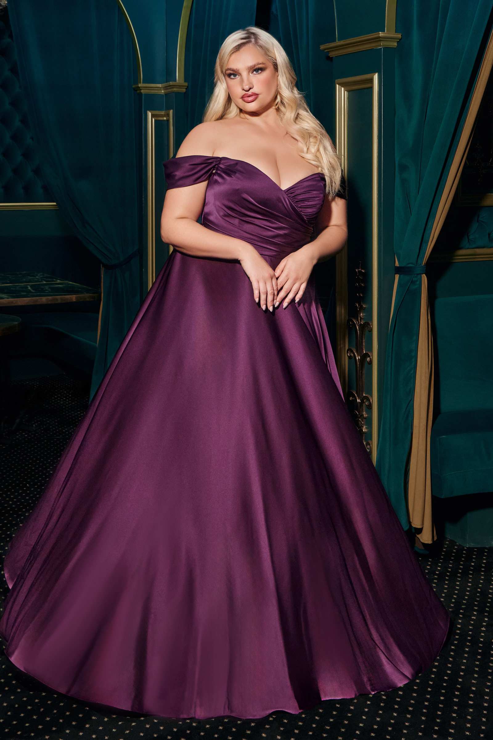 Cinderella Divine 7493C Long Plus Size A-Line Off the Shoulder Satin Dress DestGlow