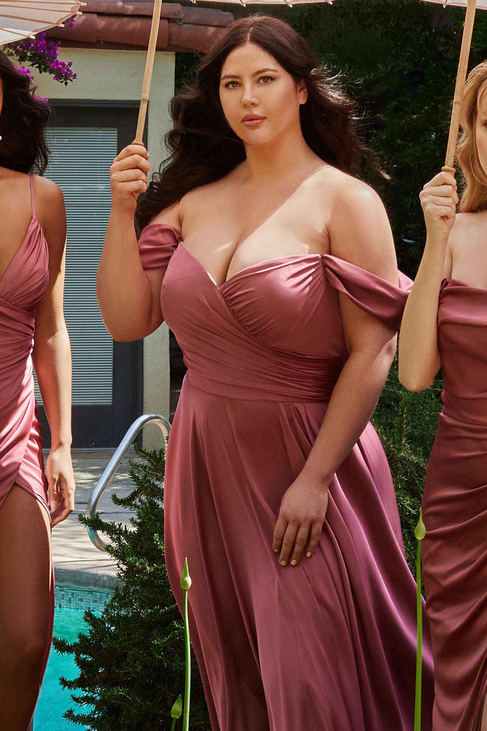 Cinderella Divine 7493C Long Plus Size A-Line Off the Shoulder Satin Dress DestGlow