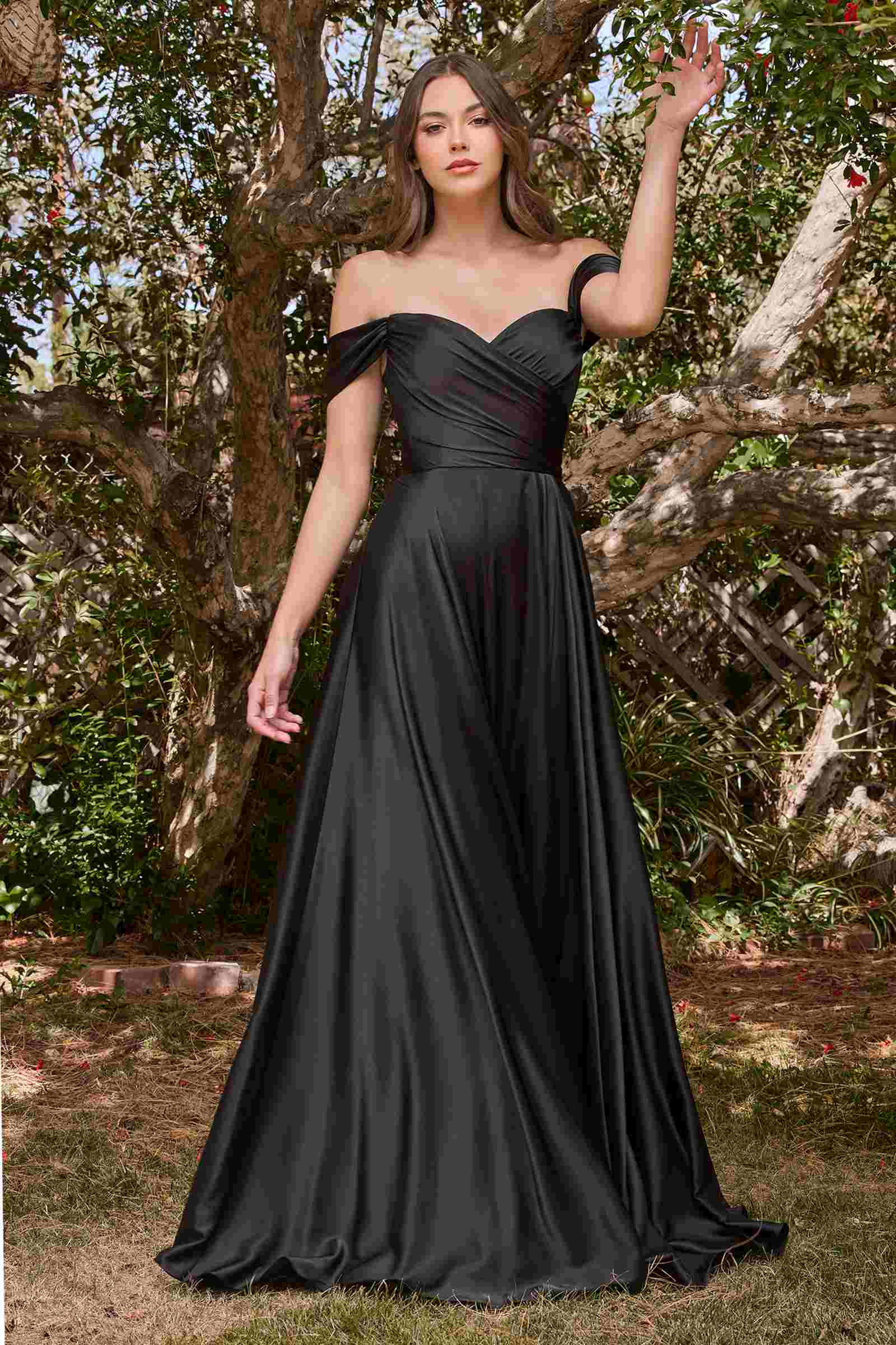 Cinderella Divine 7493C Long Plus Size A-Line Off the Shoulder Satin Dress DestGlow