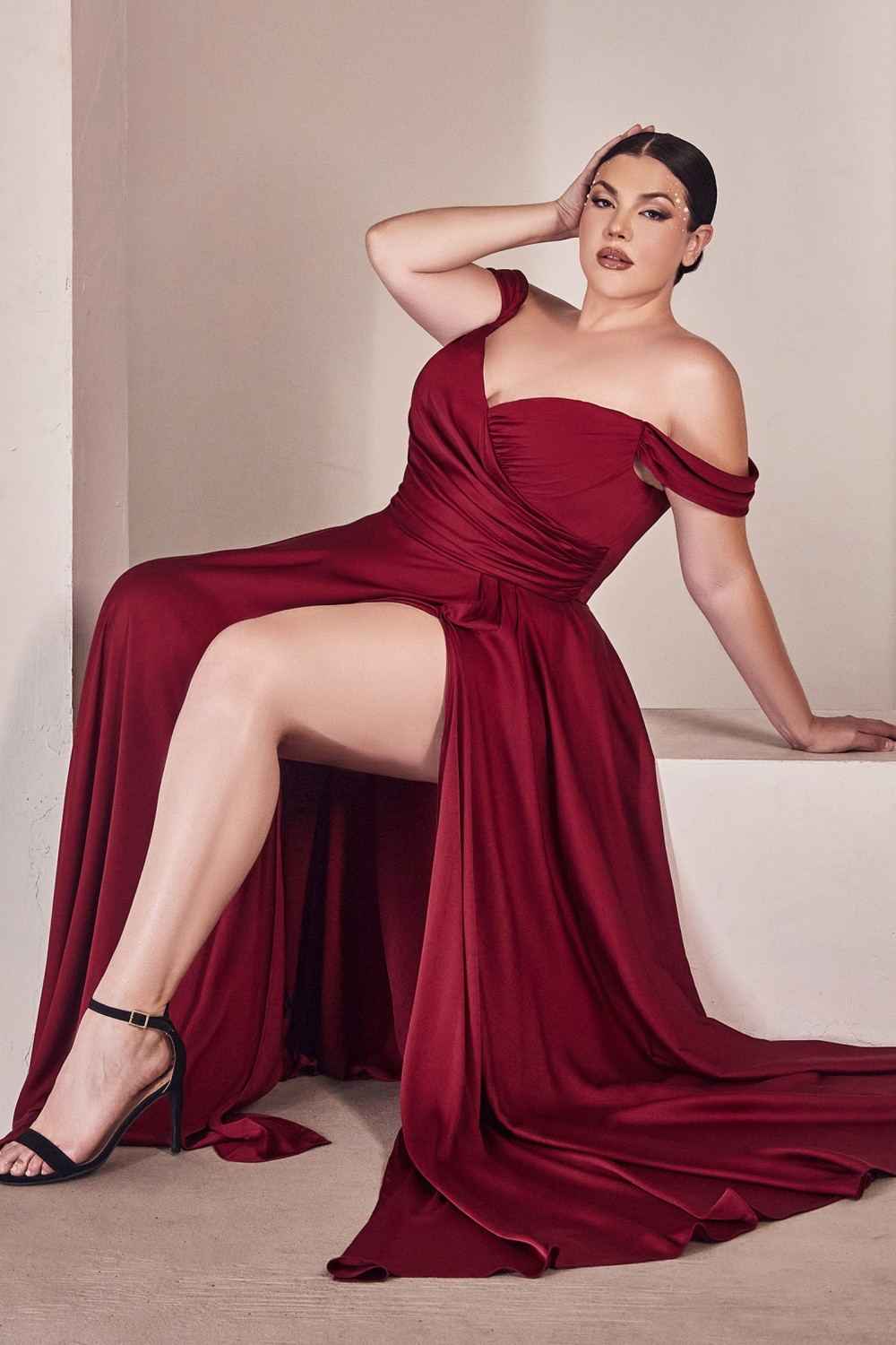 Cinderella Divine 7493C Long Plus Size A-Line Off the Shoulder Satin Dress DestGlow