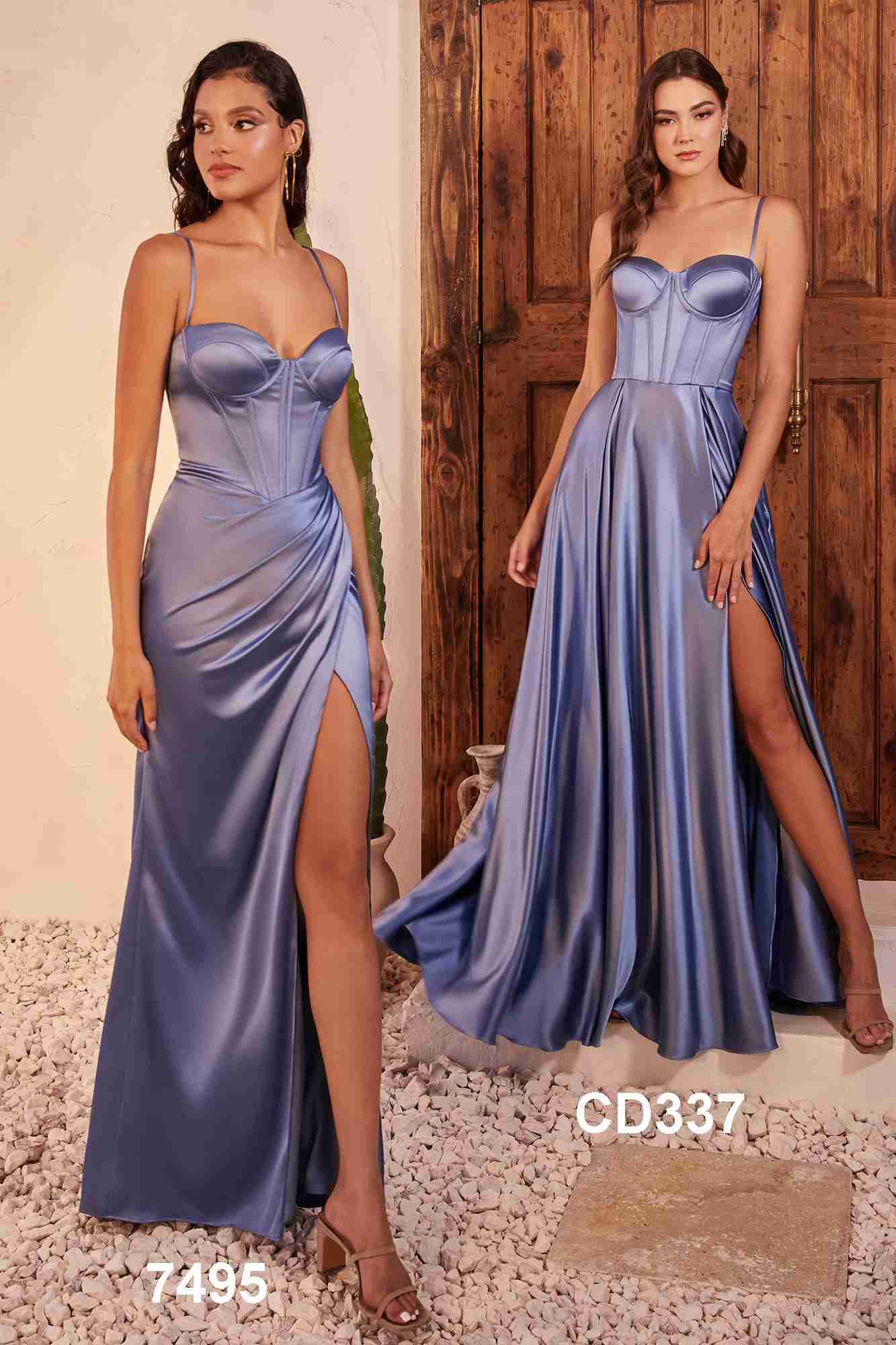 Ladivine 7495 Long Fitted Bustier Satin Draped Gown by DiscountDressShop