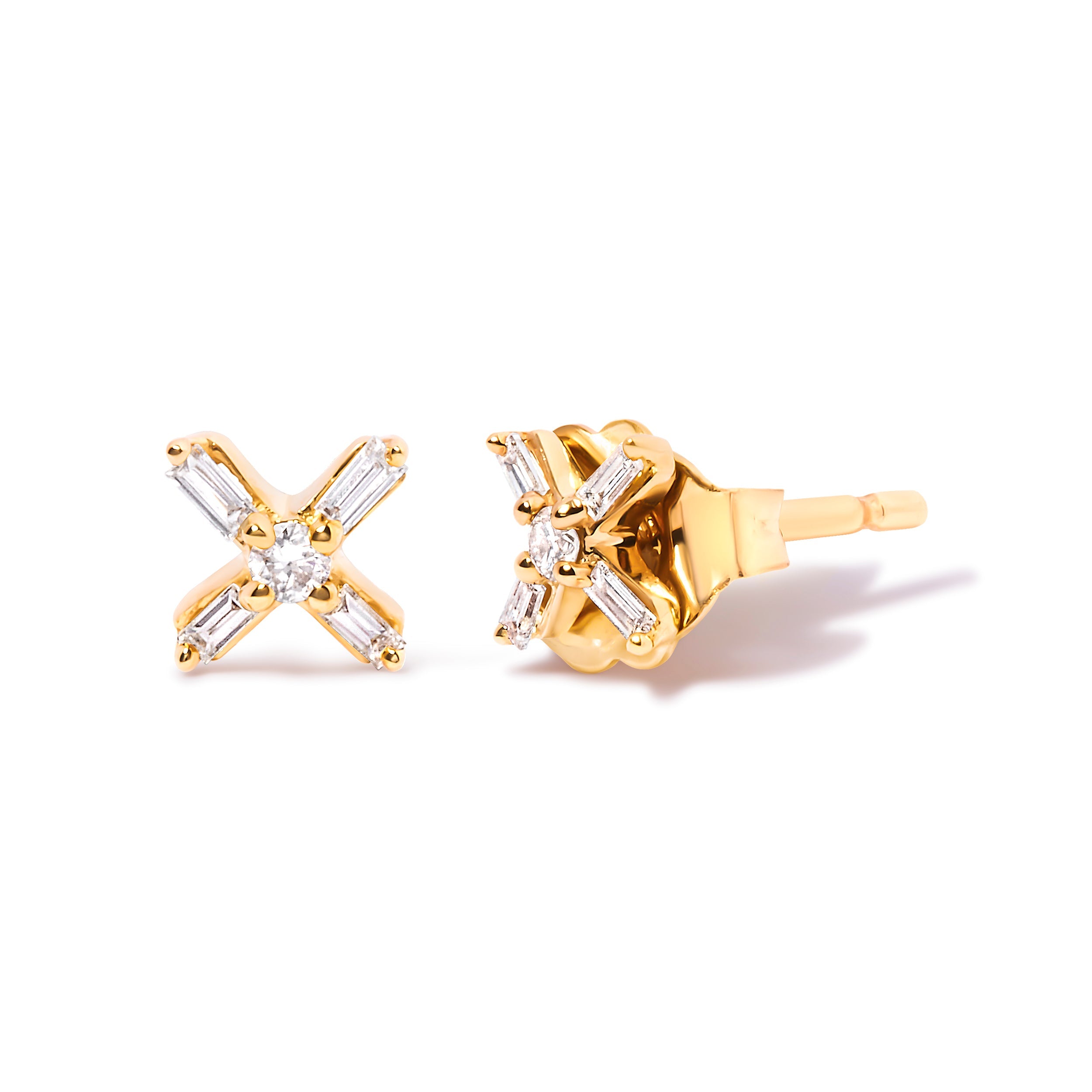 10K Yellow Gold 1/10 Cttw Round and Baguette Diamond Criss Cross X Stud Earring (H-I Color, I1-I2 Clarity) by Bids.com