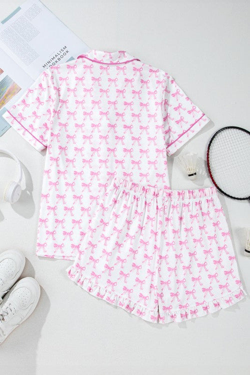 Women's Pink Bow Print Pajama Set - Short Sleeve Top & Ruffled Shorts