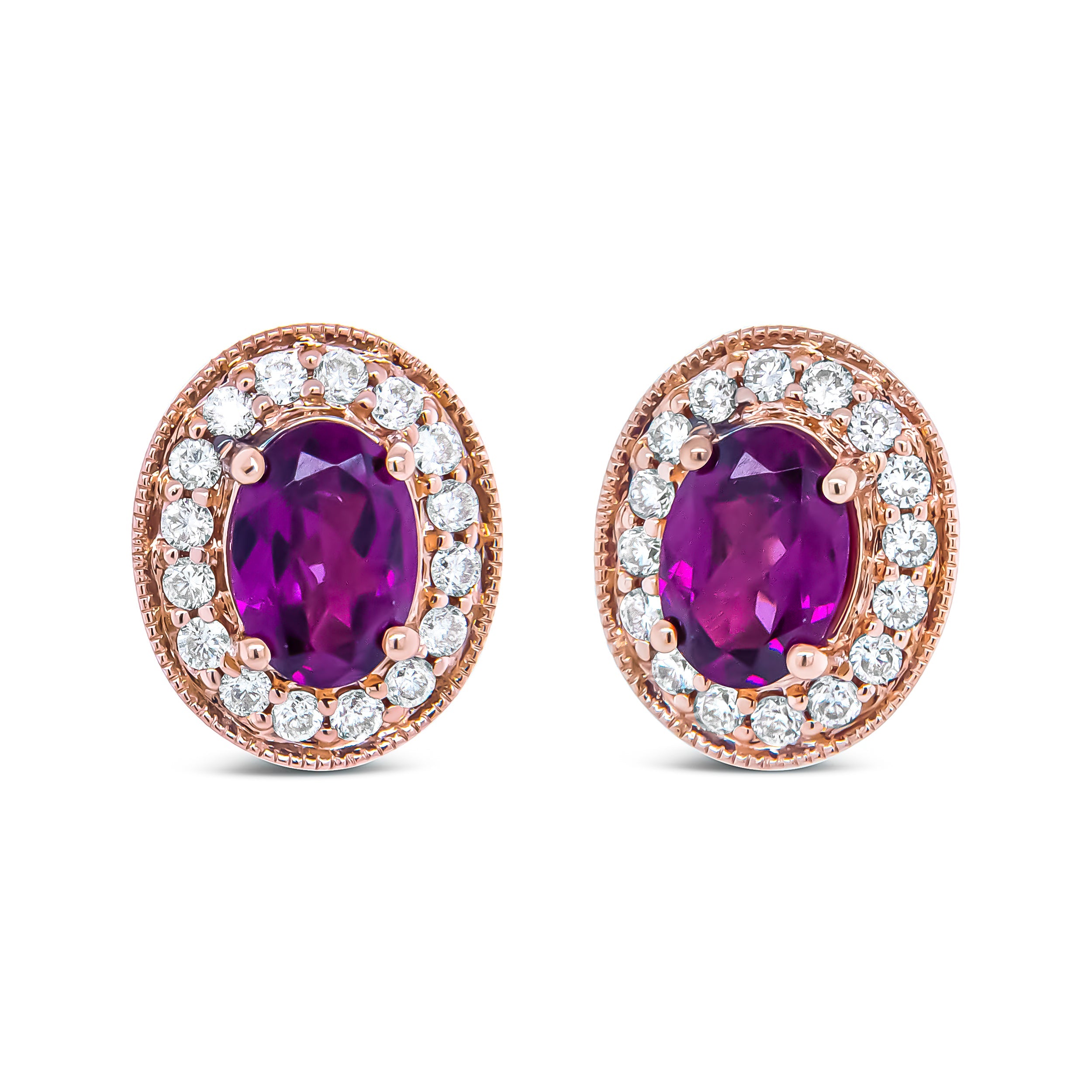 14K Rose Gold 7x5mm Oval Cut Garnet and 3/8 Cttw Round Diamond Halo Stud Earrings (G-H Color, SI1-SI2 Clarity) by Bids.com