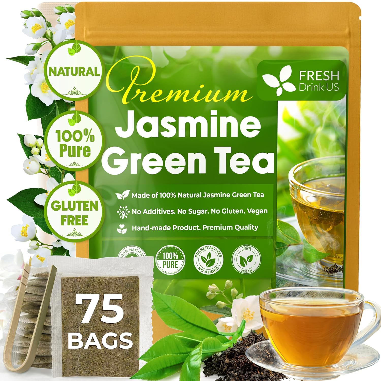 Premium Jasmine Green Tea Bags. Jasmine Green Herbal Tea. Made with Natural Material Tea Bags. No Sugar, No Gluten, Vegan. by FreshDrinkUS - Natural and Premium Herbal Tea