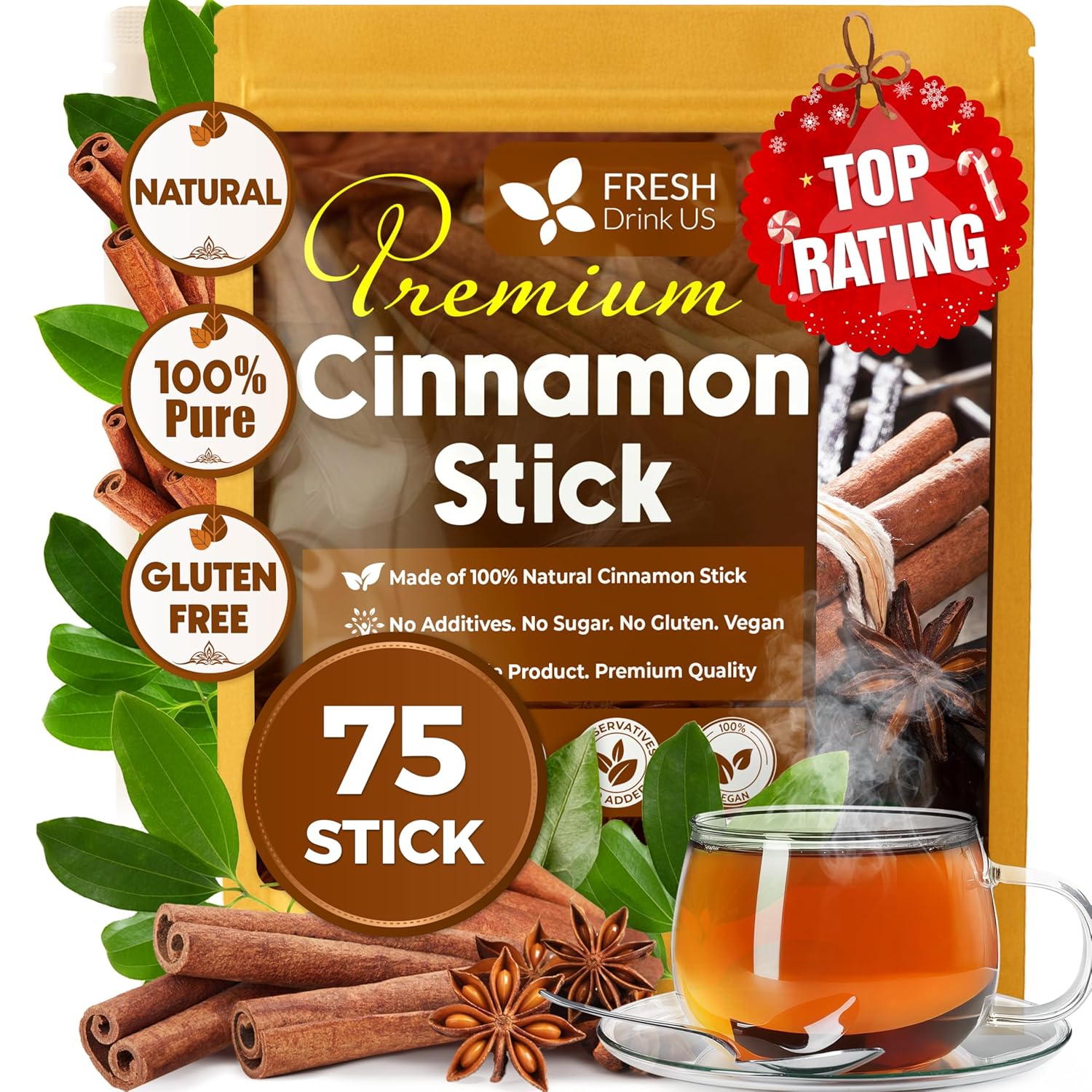 Cinnamon Sticks, Whole Sticks, 100% Natural & Pure Cinnamon Inner Bark, Raw Cinnamon Spice Flavor & Strong Aroma, Cinnamon Spice Herbal Tea, Perfect for Warm Beverages, No Additives, Vegan by FreshDrinkUS - Natural and Premium Herbal Tea