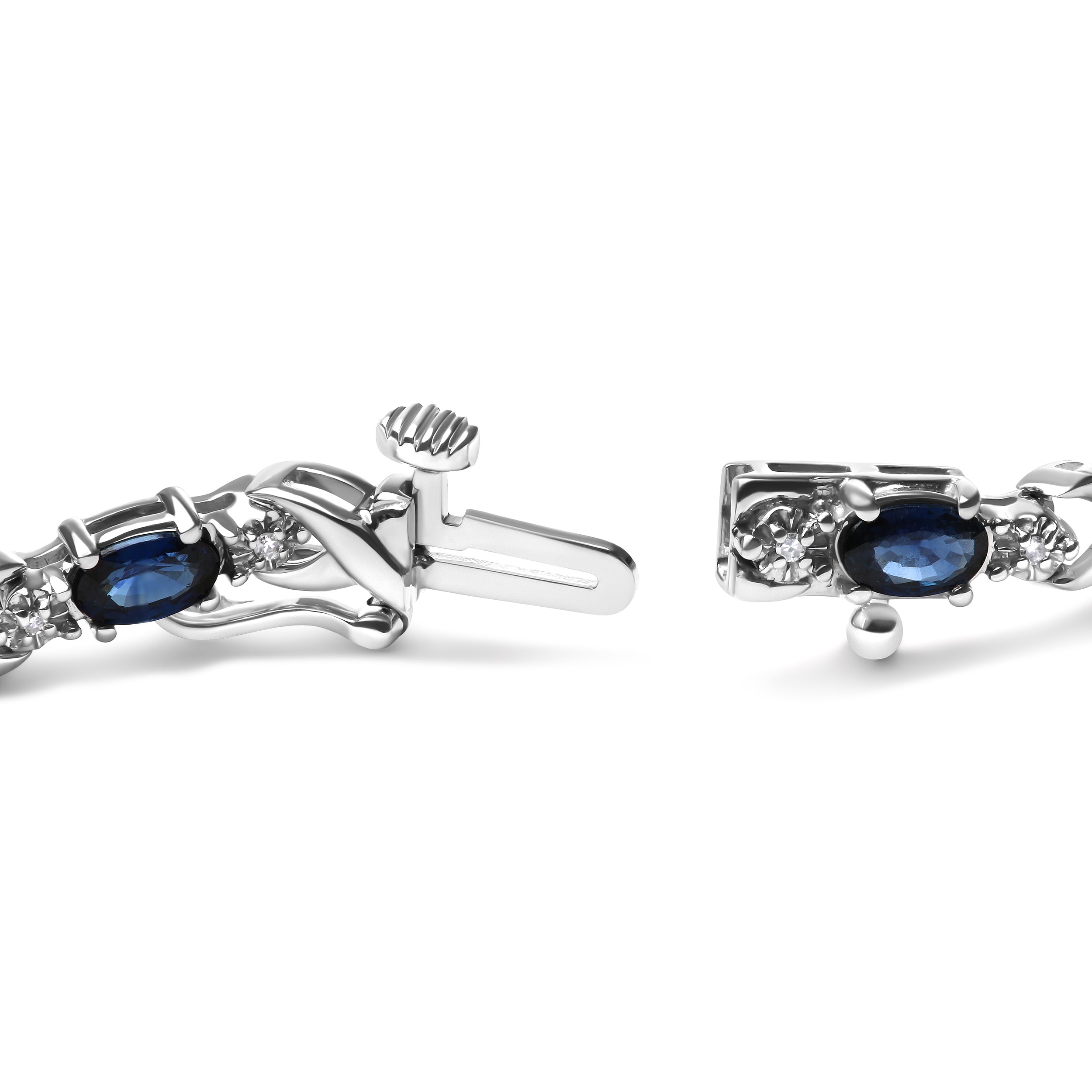 10K White Gold 5x4mm Oval Sapphire Gemstone and 1/10 Cttw Diamond Prong Set "X" Link Bracelet - Size 7" (H-I Color, SI1-SI2 Clarity) DestGlow