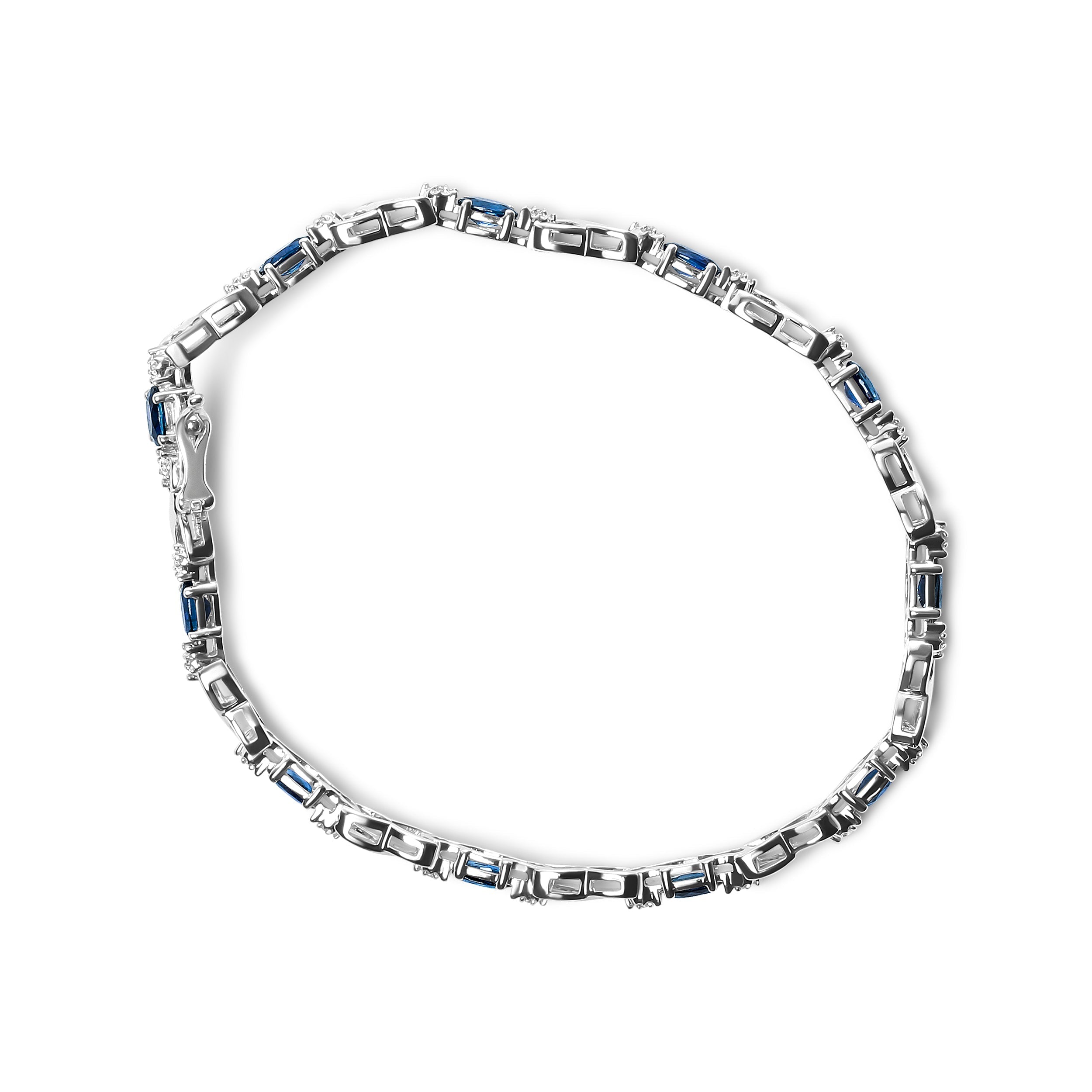 10K White Gold 5x4mm Oval Sapphire Gemstone and 1/10 Cttw Diamond Prong Set "X" Link Bracelet - Size 7" (H-I Color, SI1-SI2 Clarity) DestGlow