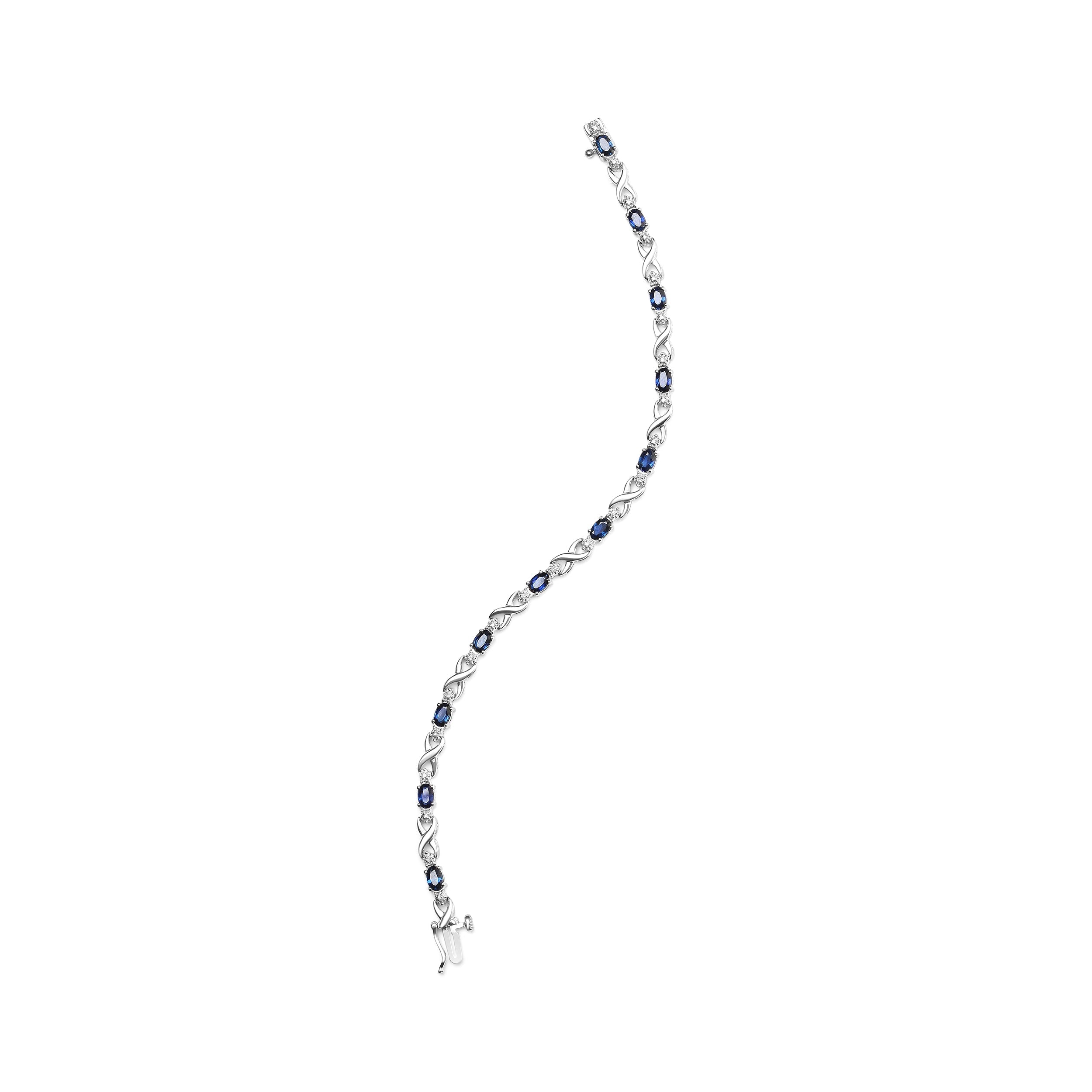 10K White Gold 5x4mm Oval Sapphire Gemstone and 1/10 Cttw Diamond Prong Set "X" Link Bracelet - Size 7" (H-I Color, SI1-SI2 Clarity) DestGlow