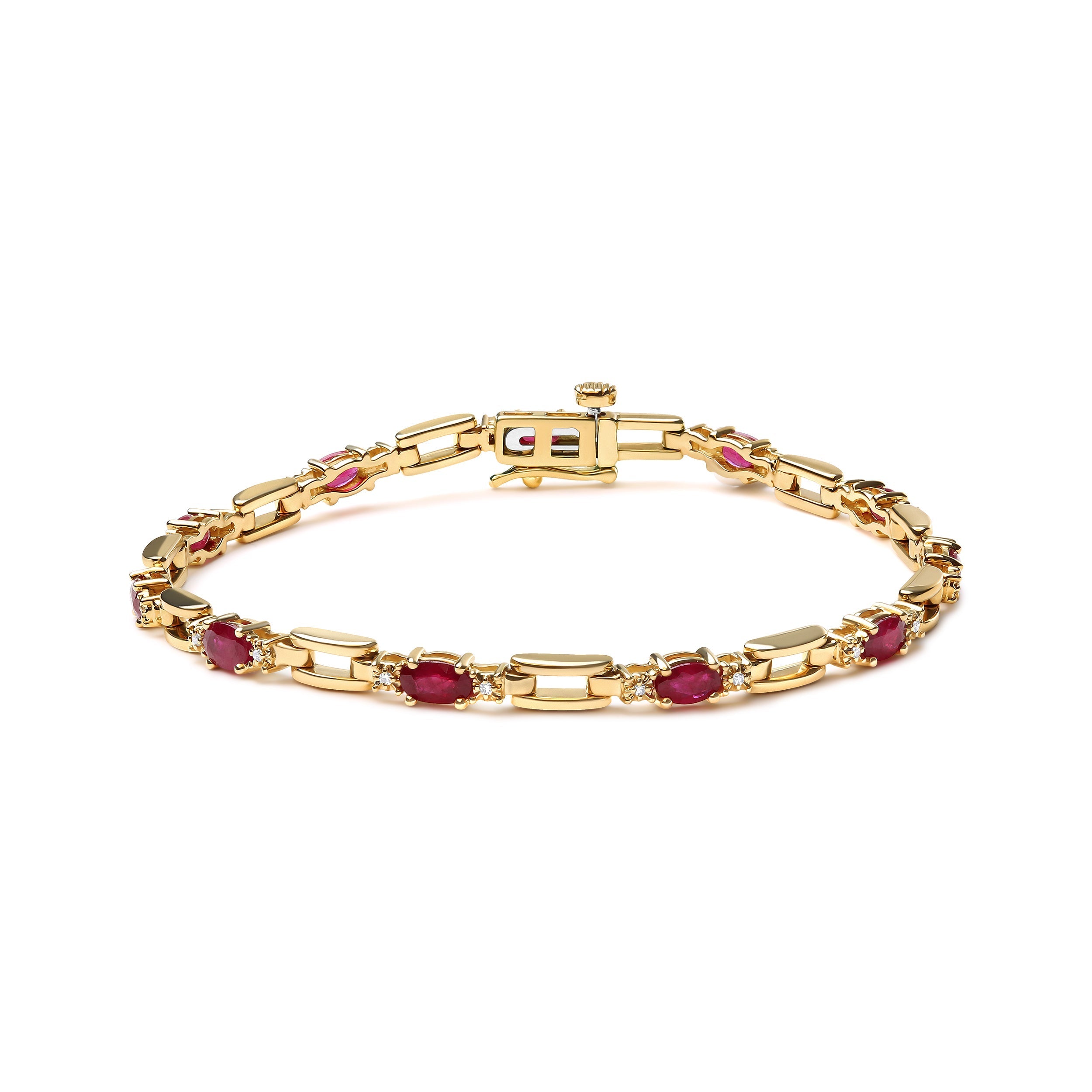 10K Yellow Gold Oval Ruby and 1/10 Cttw Diamond Bar Prong Set Bracelet (H-I Color, SI1-SI2 Clarity) - Size 7" DestGlow