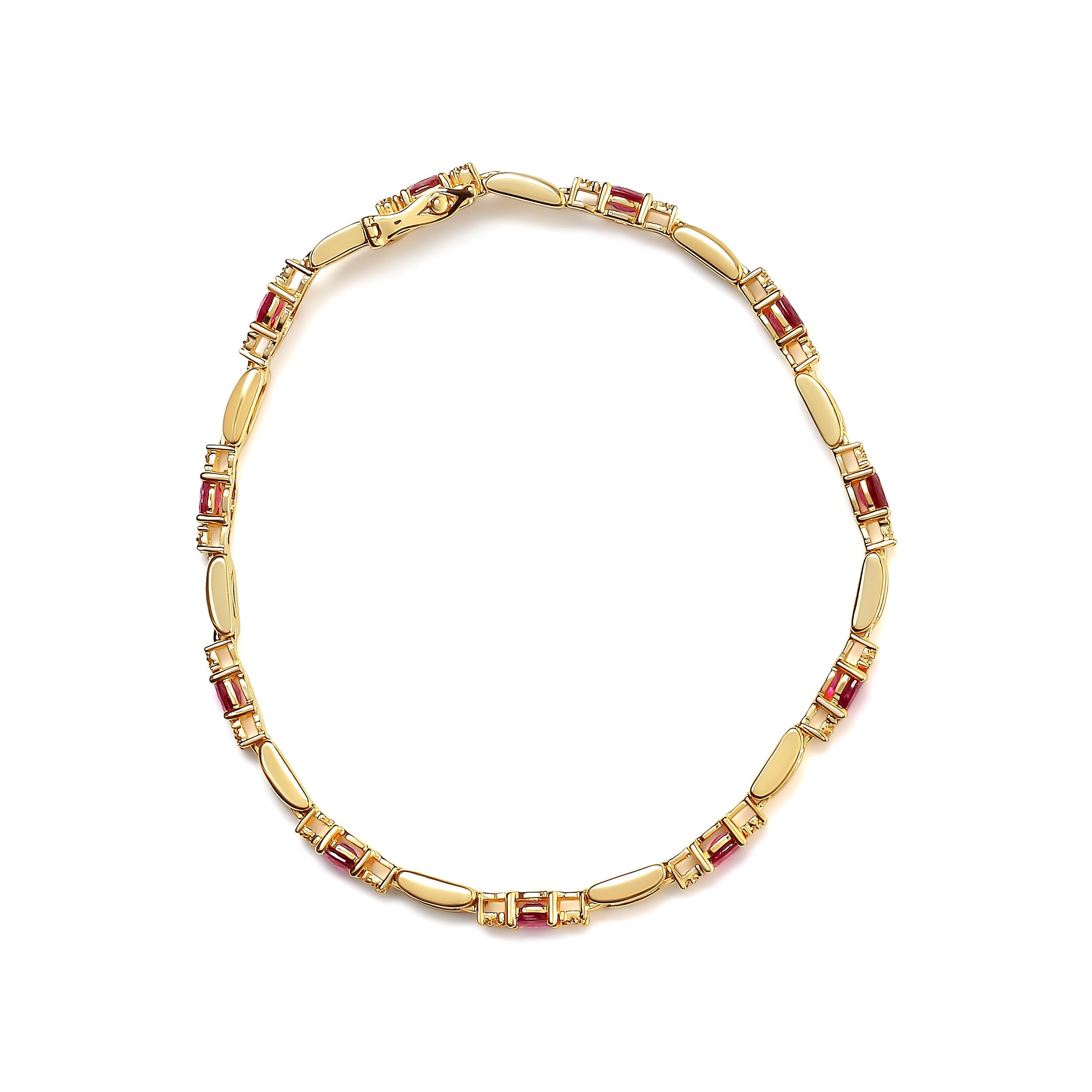 10K Yellow Gold Oval Ruby and 1/10 Cttw Diamond Bar Prong Set Bracelet (H-I Color, SI1-SI2 Clarity) - Size 7" DestGlow