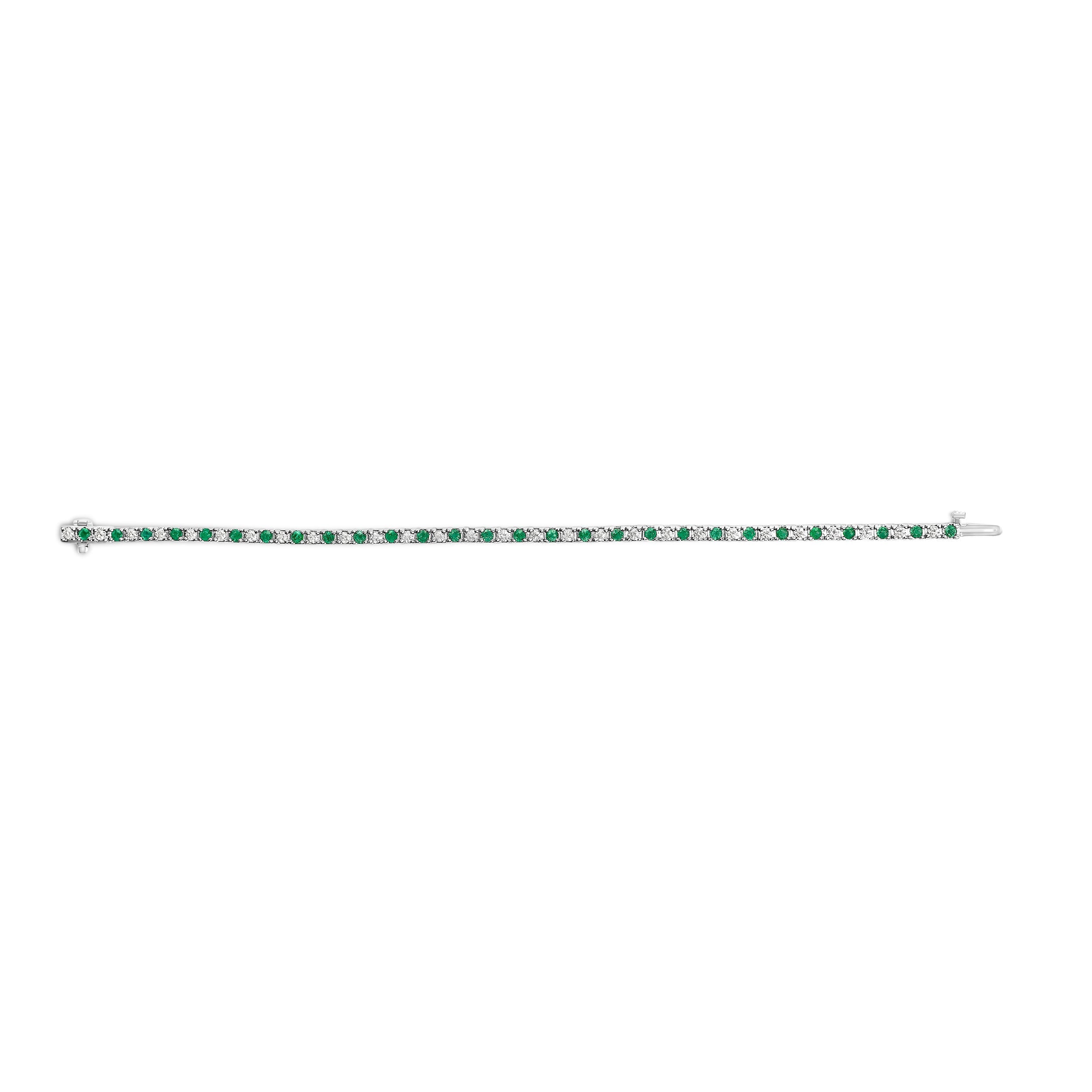 14K White Gold Alternating 1 1/2 Cttw Diamond and Emerald Tennis Bracelet DestGlow