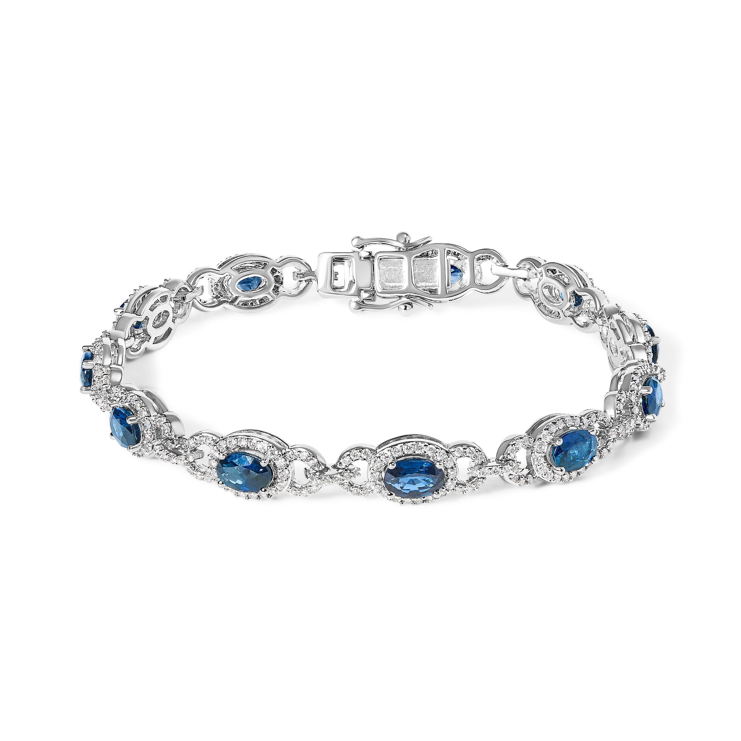 14K White Gold Vintage-Inspired Oval Blue Sapphire & Diamond Link Bracelet DestGlow