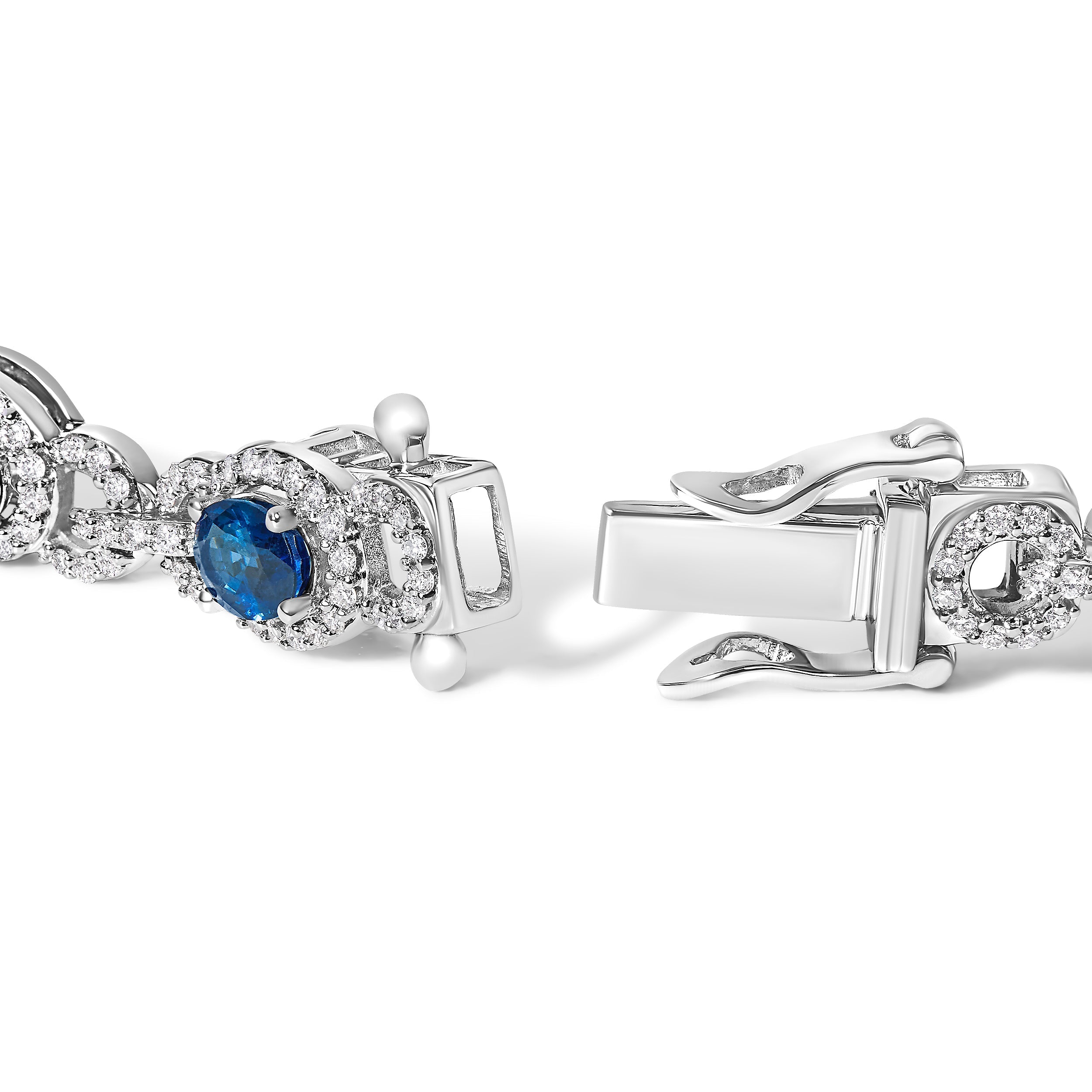 14K White Gold Vintage-Inspired Oval Blue Sapphire & Diamond Link Bracelet DestGlow