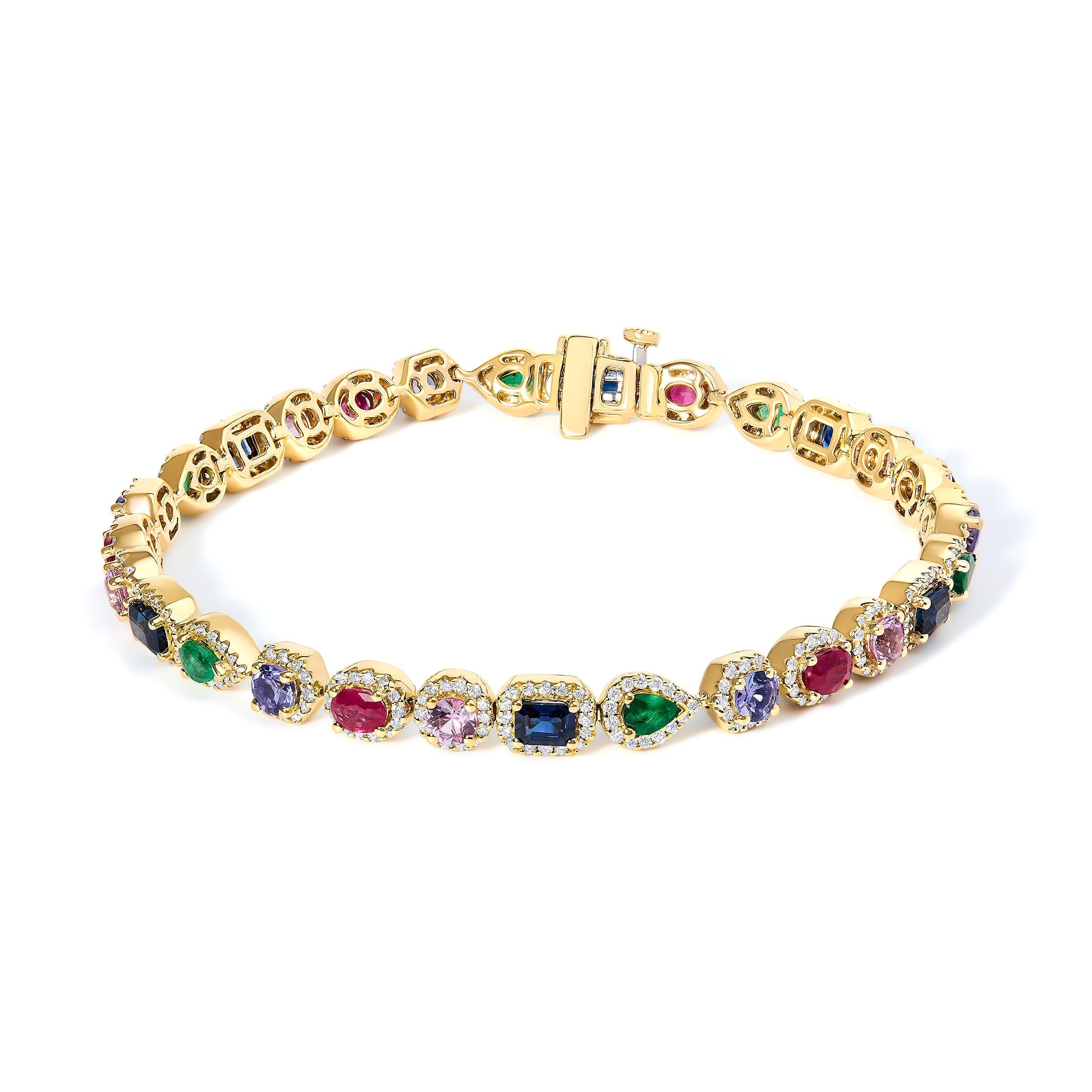 14K Yellow Gold Multi-Gemstone and Diamond Halo Rainbow Tennis Bracelet DestGlow