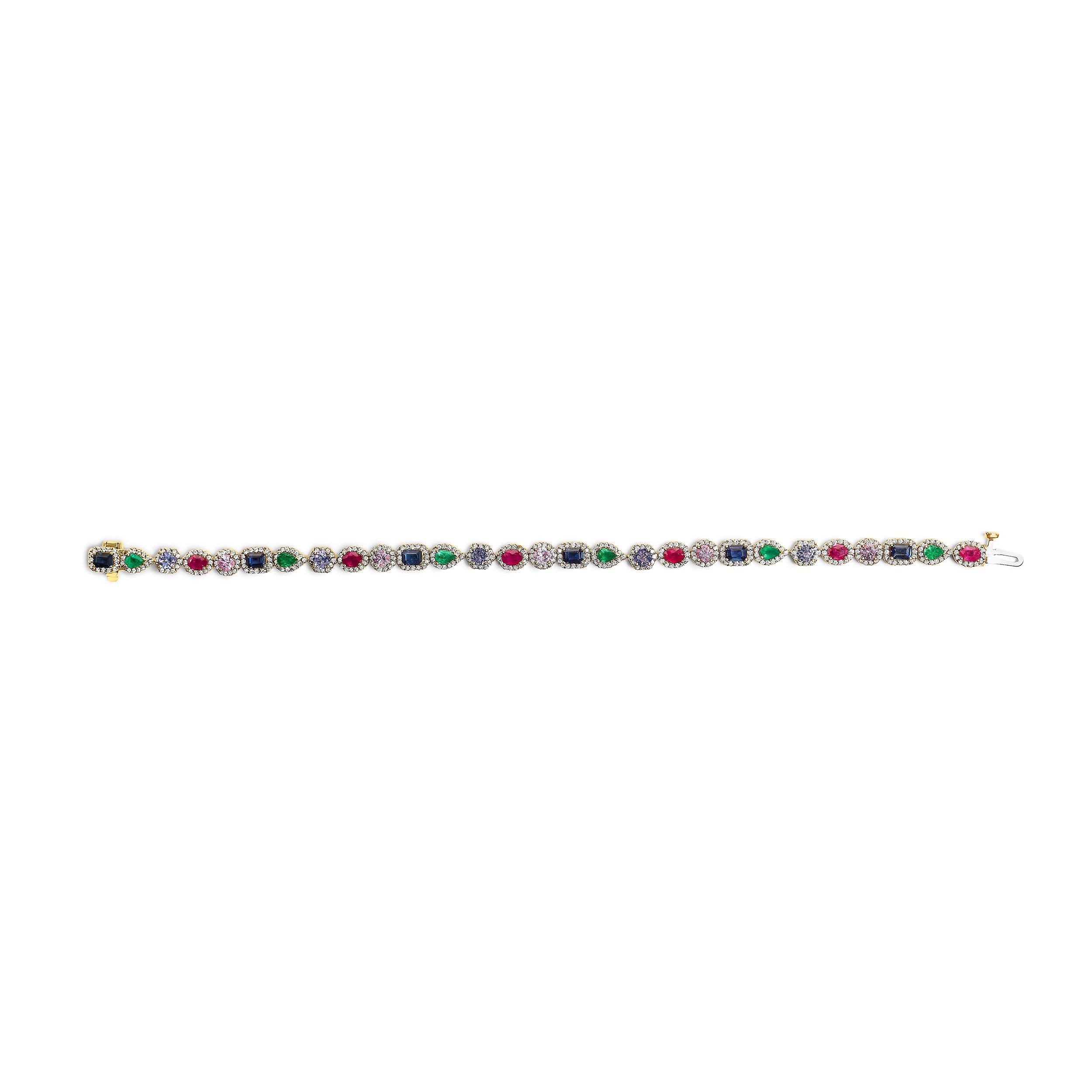 14K Yellow Gold Multi-Gemstone and Diamond Halo Rainbow Tennis Bracelet DestGlow