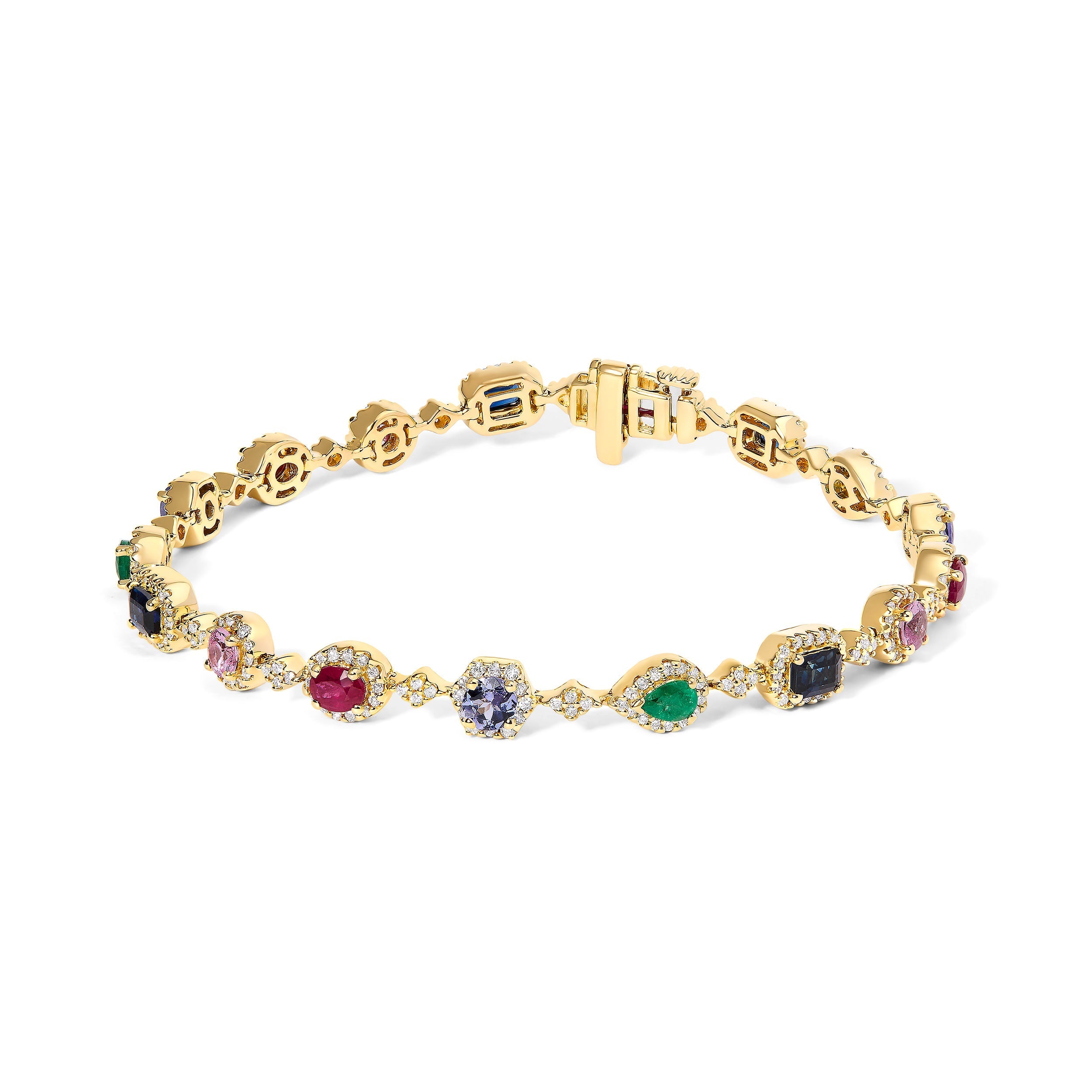 14K Yellow Gold Multi-Gemstone and Diamond Halo Rainbow Link Bracelet DestGlow